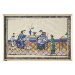 Pair Framed Chinese Watercolour Pith Rice Paper Paintings Dignitaries