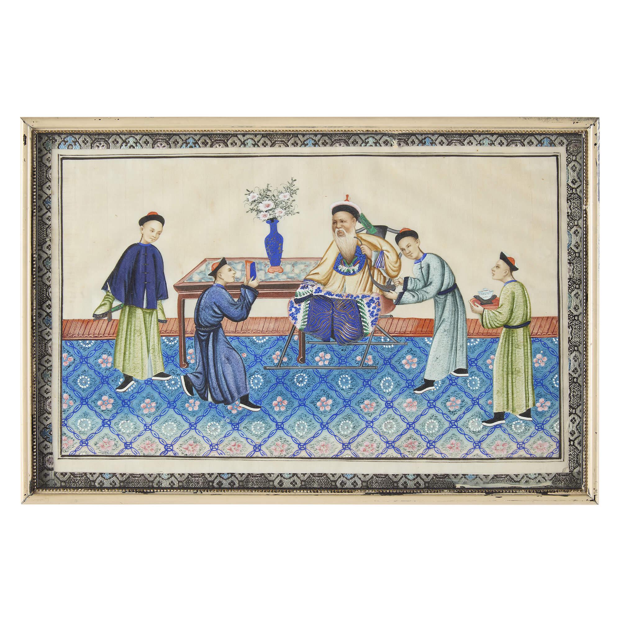 Pair Framed Chinese Watercolour Pith Rice Paper Paintings Dignitaries
Chinese, 20th Century
Height 24cm, width 36cm, depth 1.5cm

This exceptional duo of Chinese watercolours is created on delicate pith paper, also referred to as rice paper. Thanks
