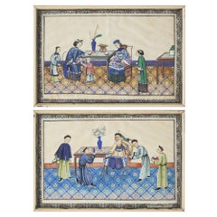 Pair Framed Chinese Watercolour Pith Rice Paper Paintings Dignitaries