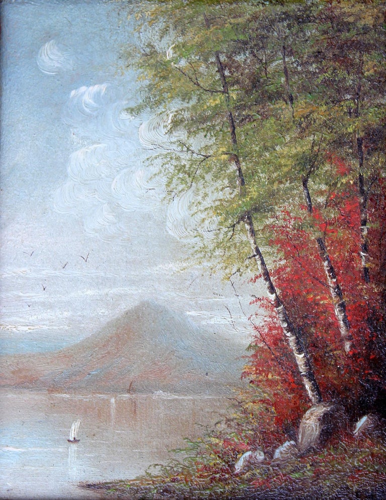 Pair Hudson River School Autumn Landscape Oil Paintings - Brown Landscape Painting by Unknown