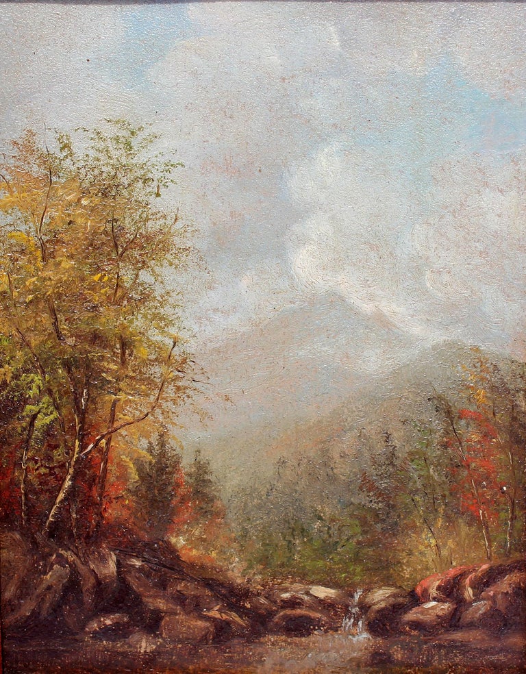 Pair of Hudson river school oil paintings. Possibly the White mountains. One is monogrammed, see last photo. Oil on board. In original frames, circa 1870's.