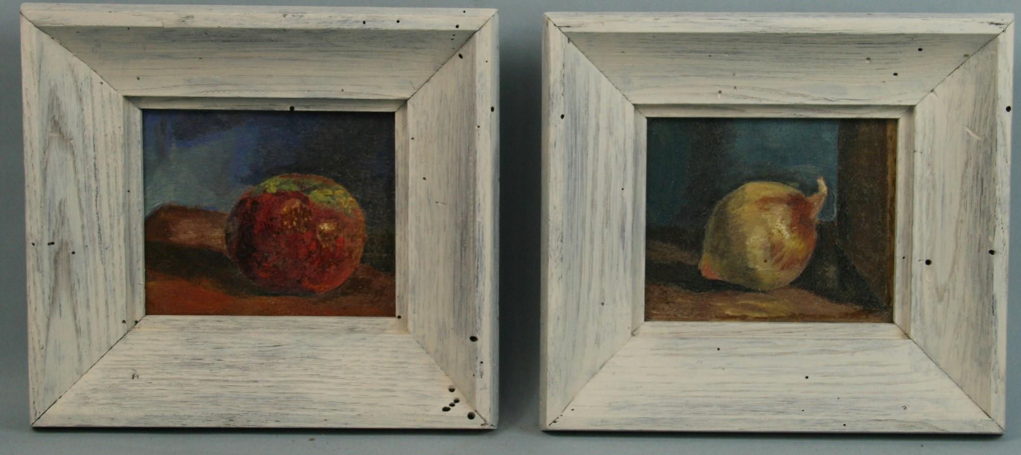 Antique American Impressionist  Pair Fruit Still life Oil Paintings 1940 - Gray Still-Life Painting by Unknown