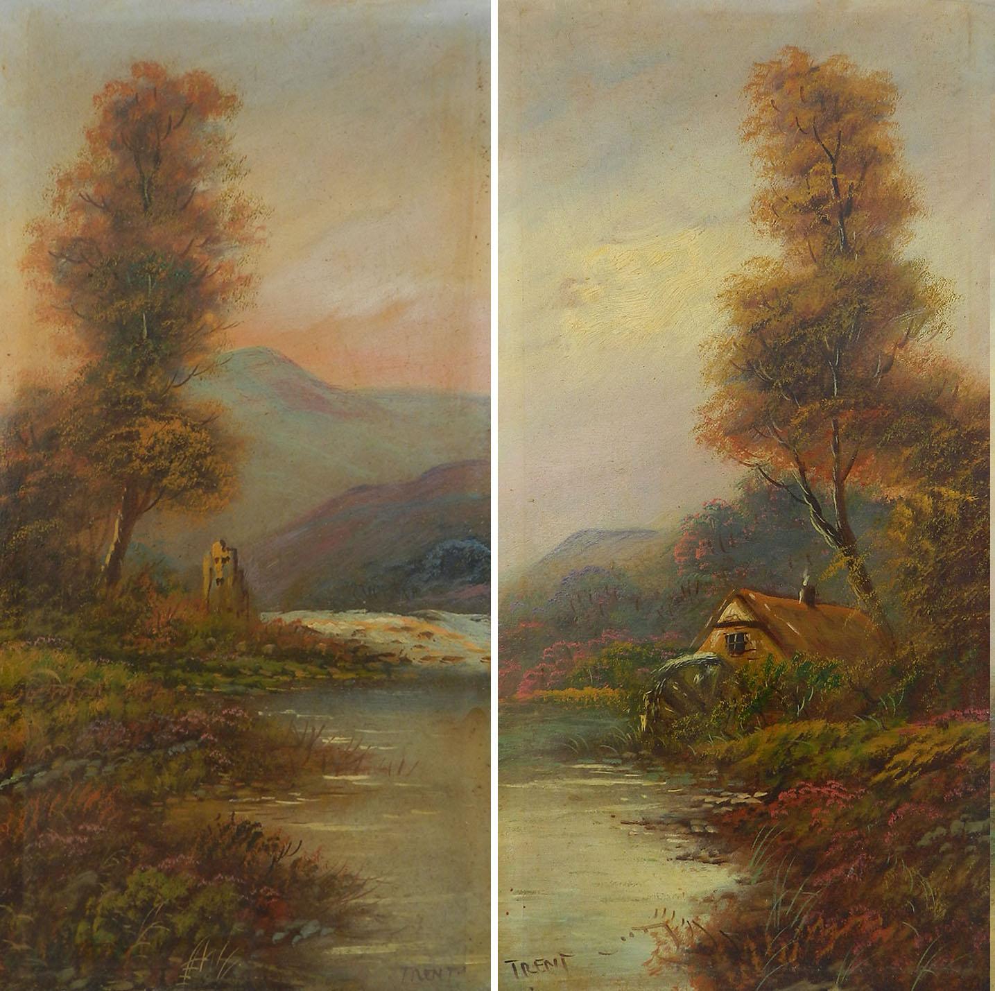 Landscape Painting Unknown - Paire de peintures à l'huile de paysage signées Trent début 20ème siècle