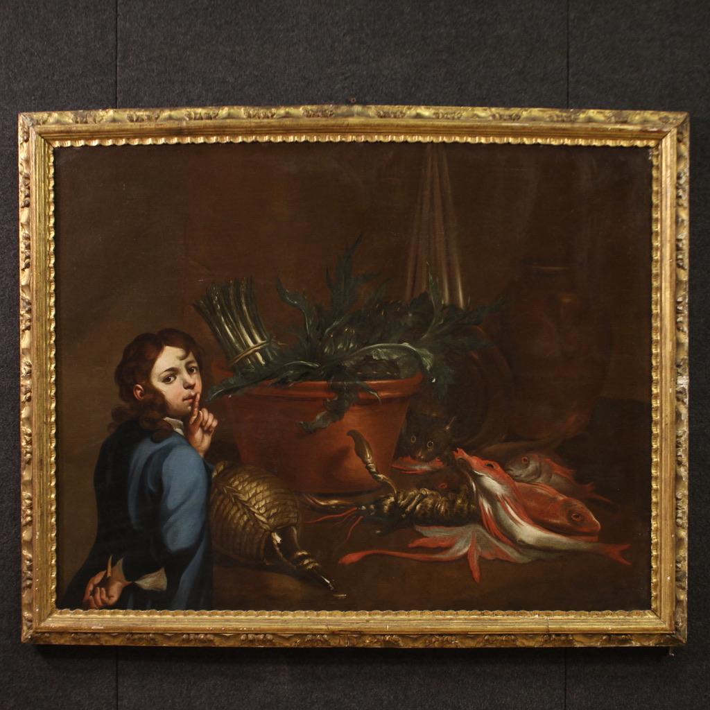 Pareja de bodegones al óleo sobre lienzo de la escuela genovesa del siglo XVII, 1670 3