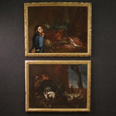 Pareja de bodegones al óleo sobre lienzo de la escuela genovesa del siglo XVII, 1670