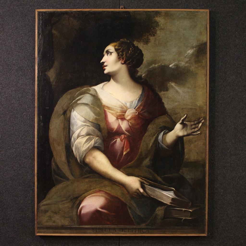 Rare pair of Italian paintings from the second half of the 17th century. Oil on canvas artworks depicting two splendid female figures recognizable thanks to the inscriptions at the bottom (see photo), the Delphic Sibyl, linked to the oracle of