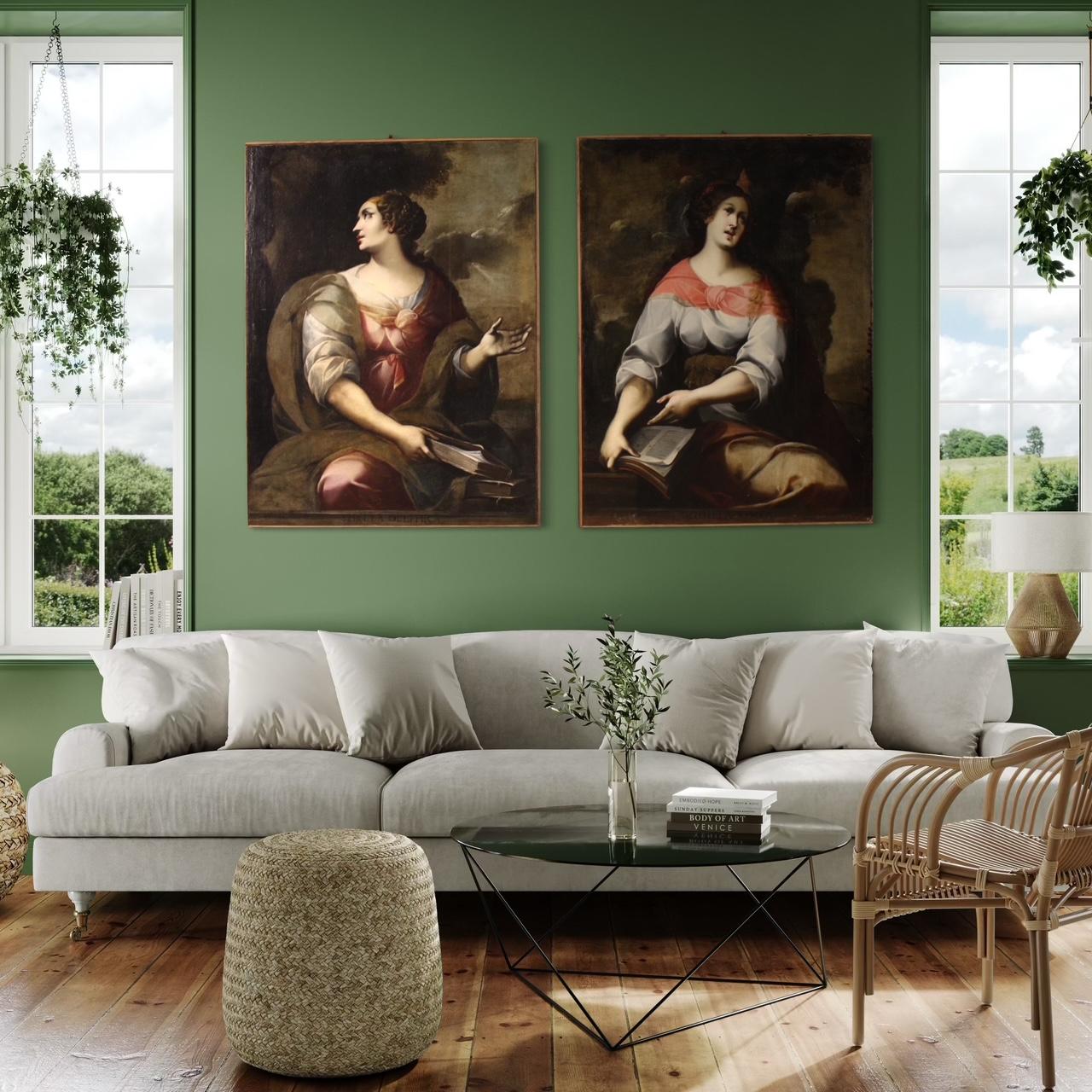 Pair of 17th Century Oil on Canvas Italian Antique Paintings Sibyls, 1670 in vendita 3