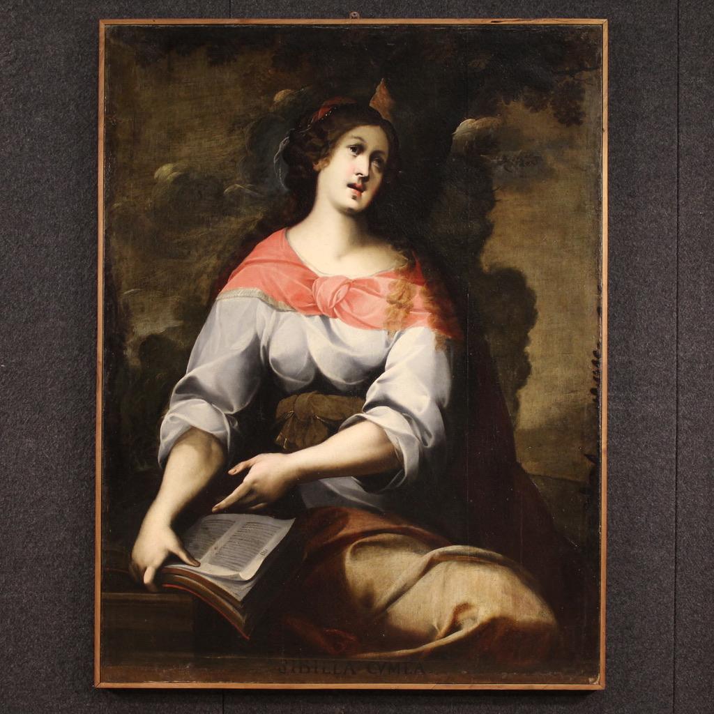 Pair of 17th Century Oil on Canvas Italian Antique Paintings Sibyls, 1670 in vendita 4
