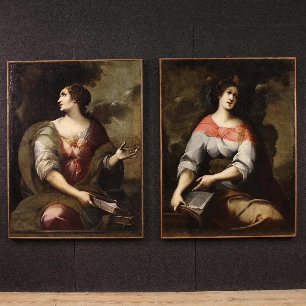 Portrait Painting di Unknown - Pair of 17th Century Oil on Canvas Italian Antique Paintings Sibyls, 1670