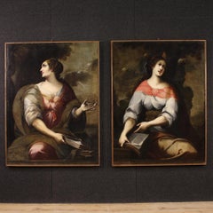 Pair of 17th Century Oil on Canvas Italian Antique Paintings Sibyls, 1670s