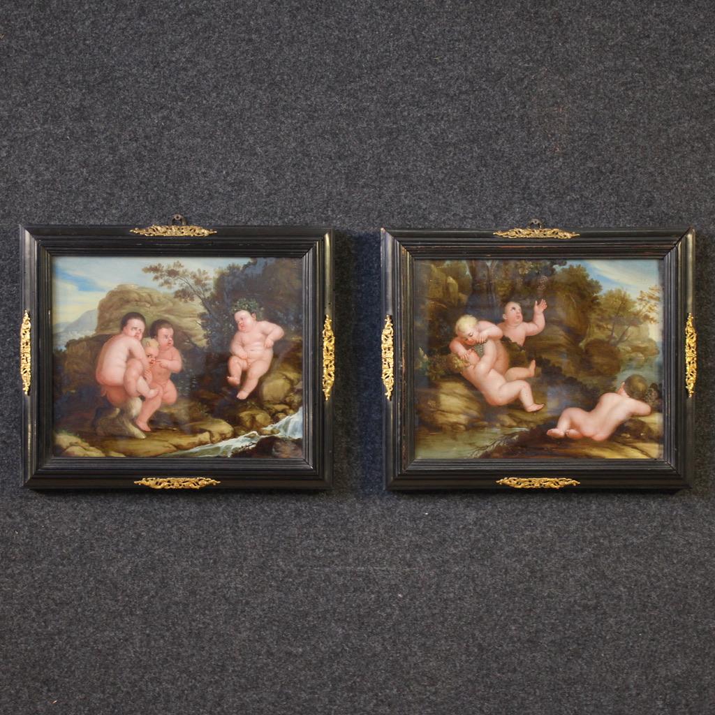 Pair of 17th Century Oil on Glass Italian Antique Paintings Bacchanal, 1680