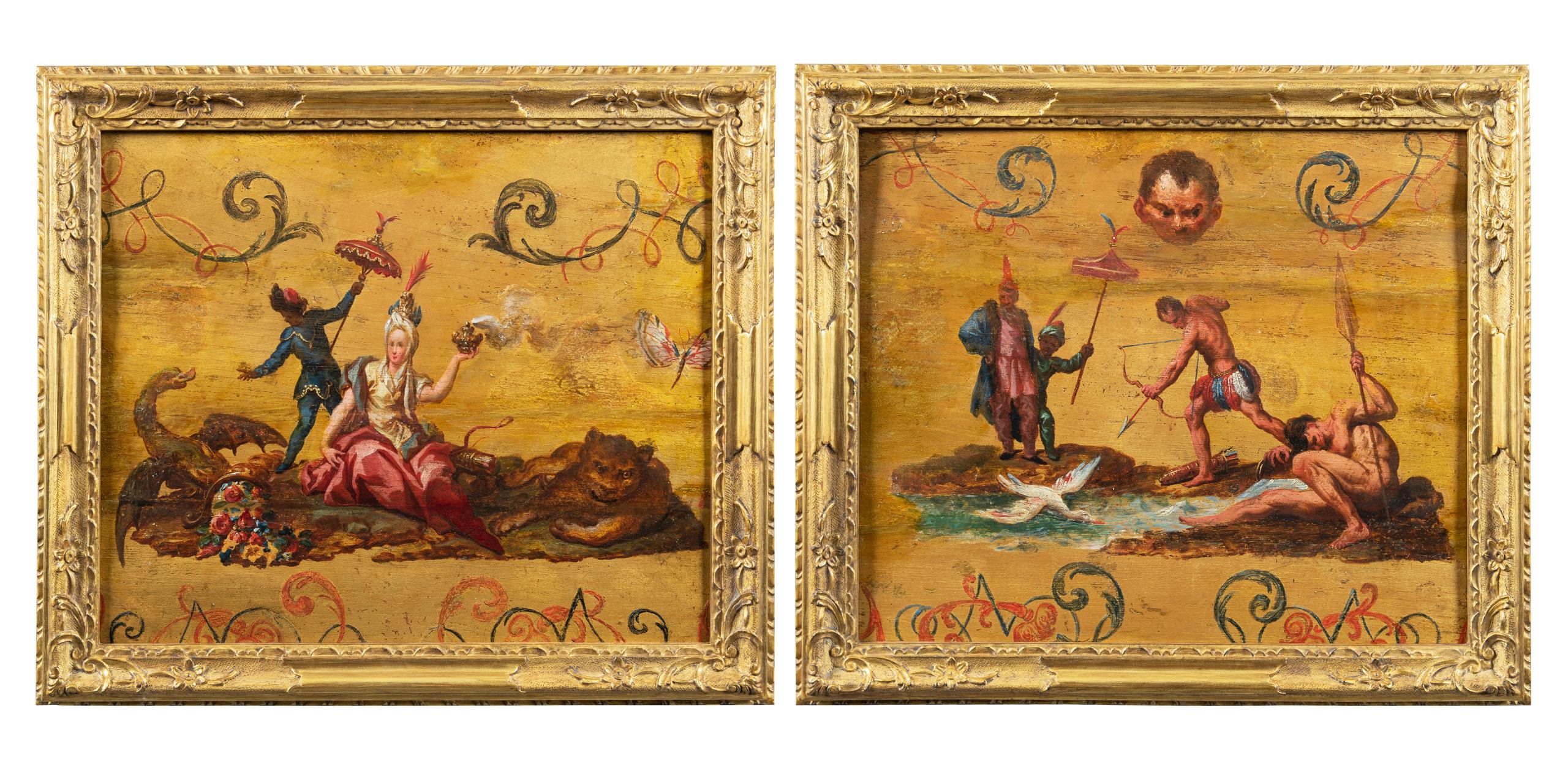 Pair of 18th century Italian paintings - Africa America allegory - Oil on panel
