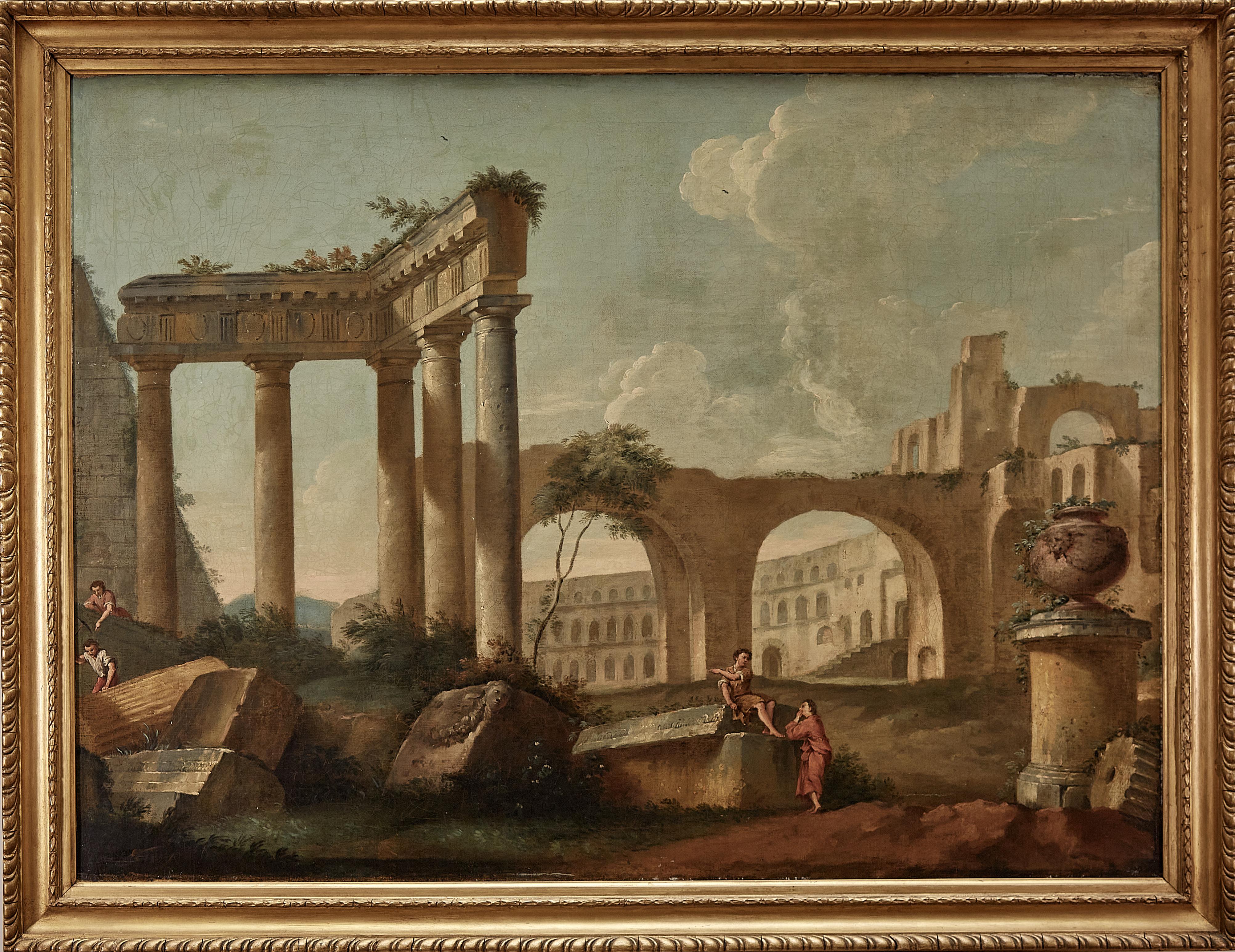 Pair of 18th century Italian paintings of landscapes with classical ruins - Painting by Unknown