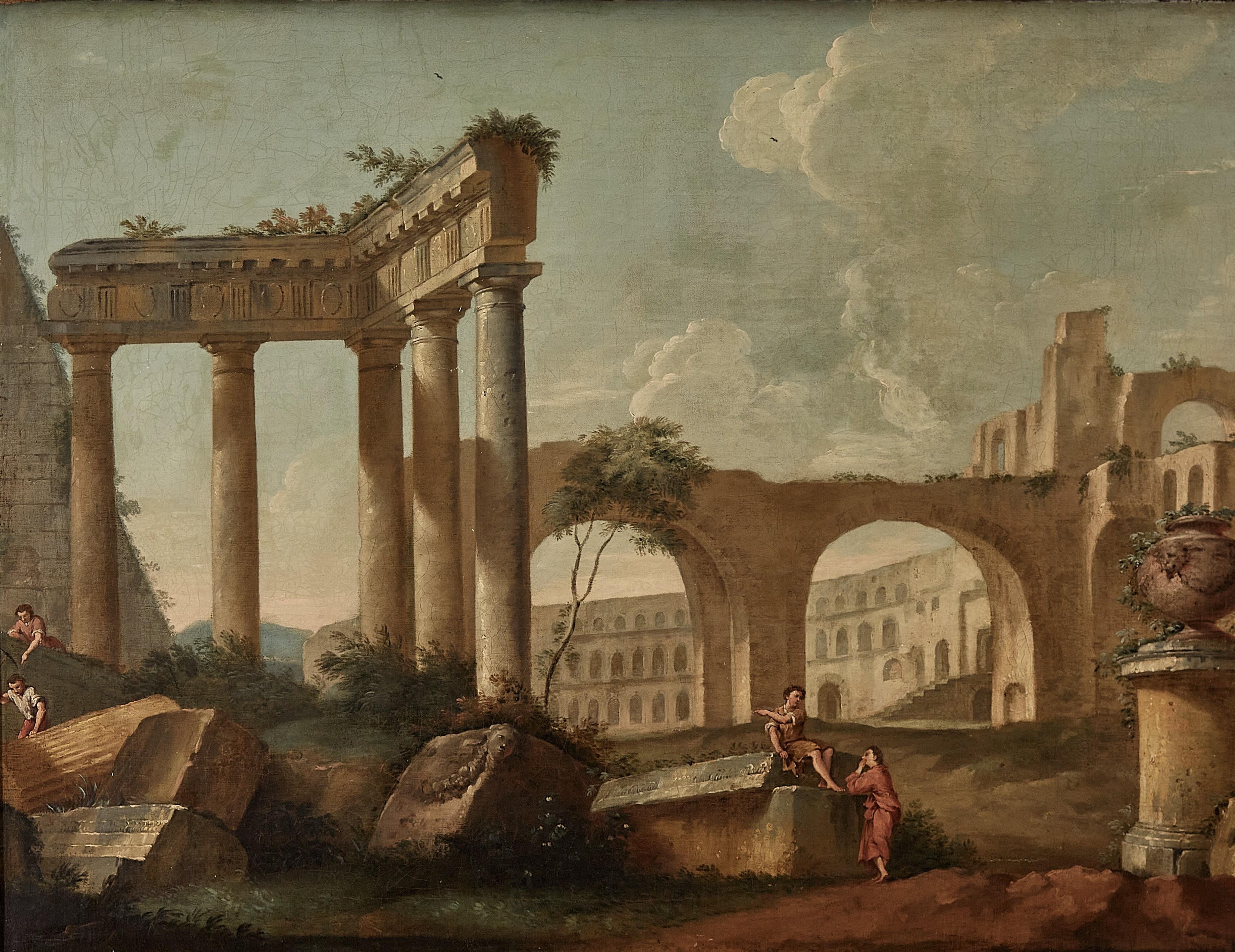 Pair of 18th century Italian paintings of landscapes with classical ruins