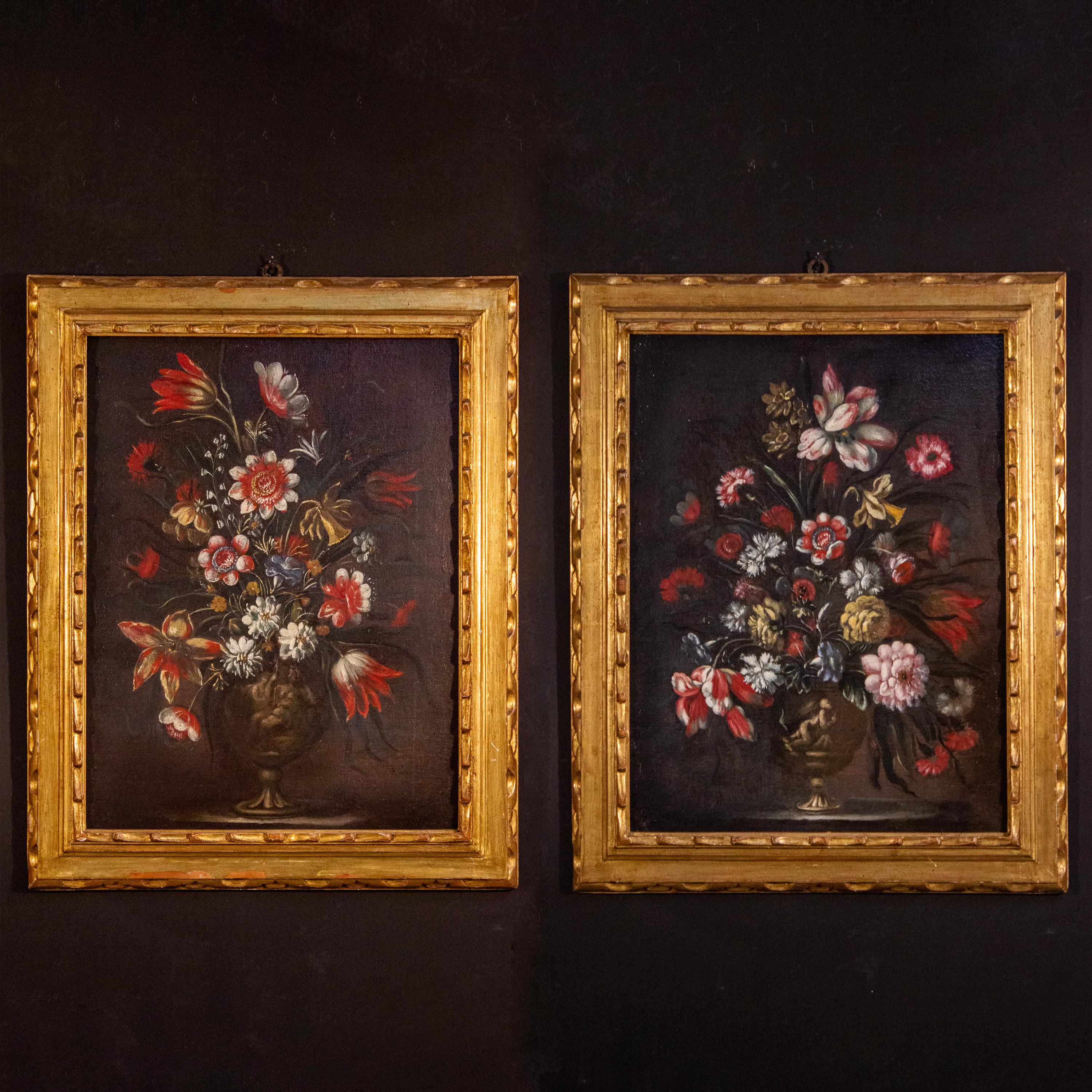 Coppia di nature morte di fiori italiane del XVIII secolo