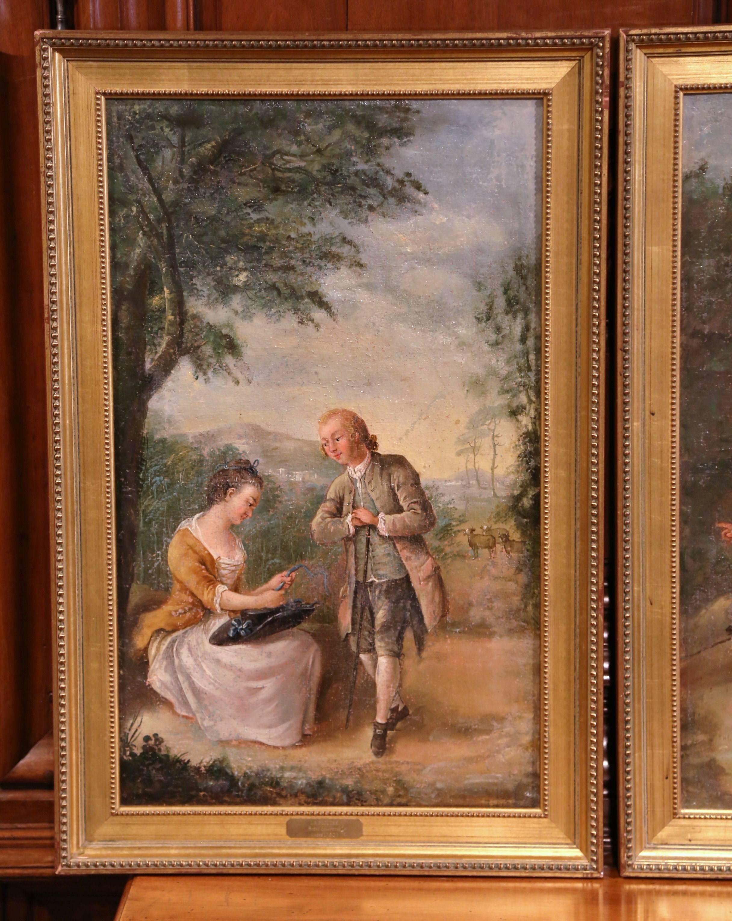 Pair of 18th Century Louis XV Framed Oil on Canvas Paintings by La Pioline - Brown Figurative Painting by Unknown