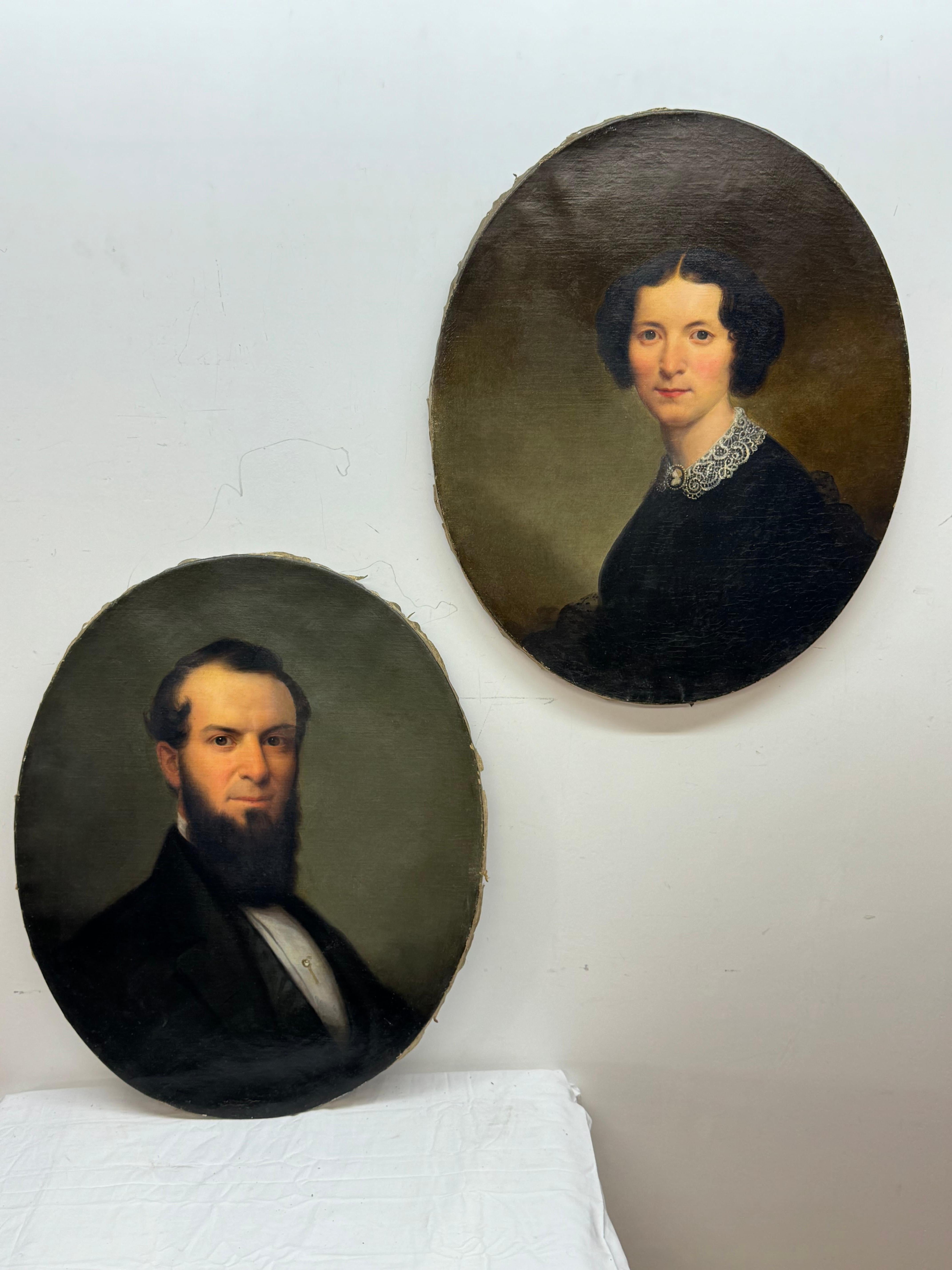 Unknown Figurative Painting - Pair of 19 century American oval portraits of a couple, possibly husband & wife