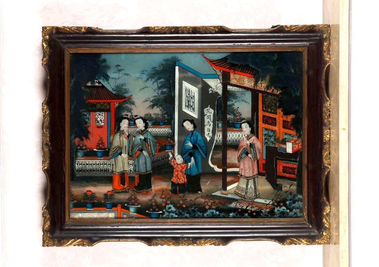 Pair of 19' century Chinese Reverse-Painted Mirror Pictures For Sale 7