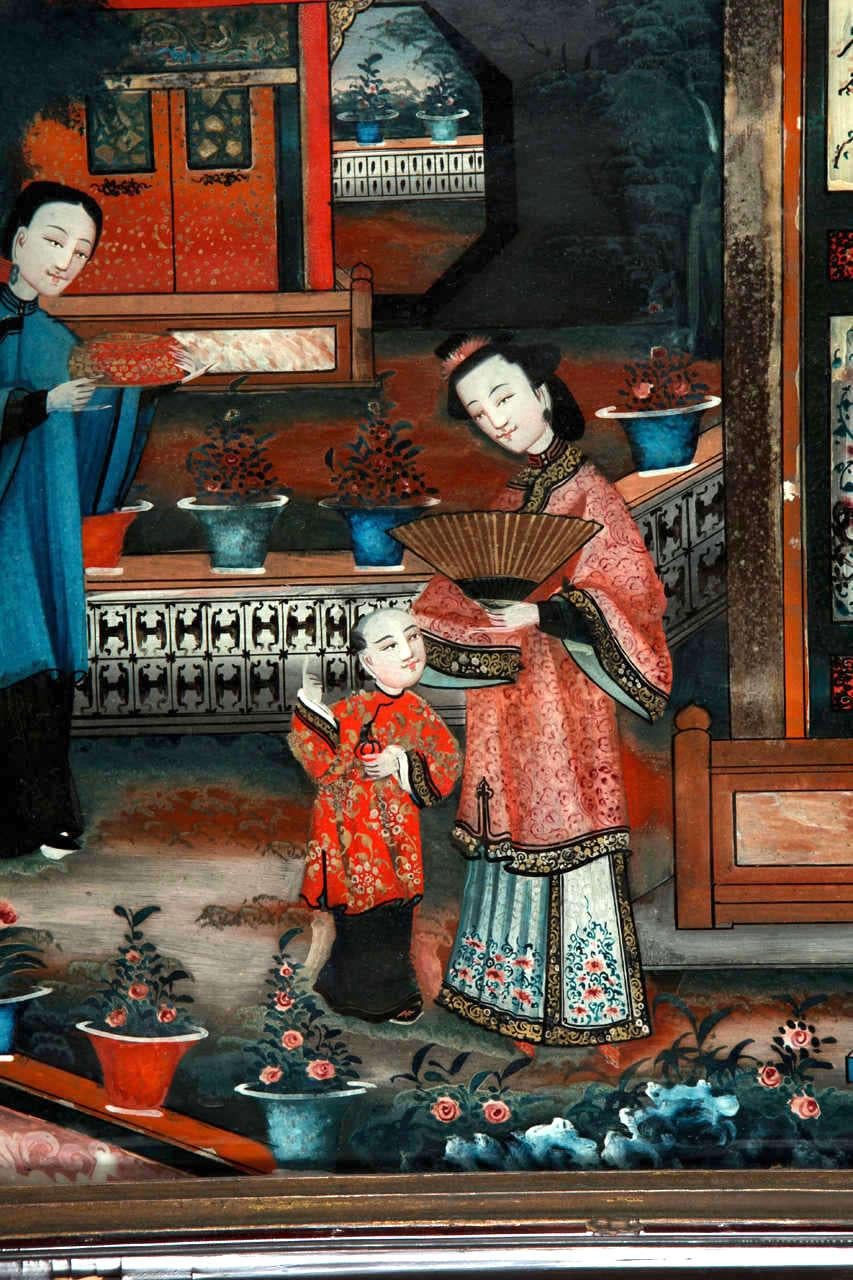 Paire de tableaux de miroirs chinois peints à l'envers du XIXe siècle en vente 8