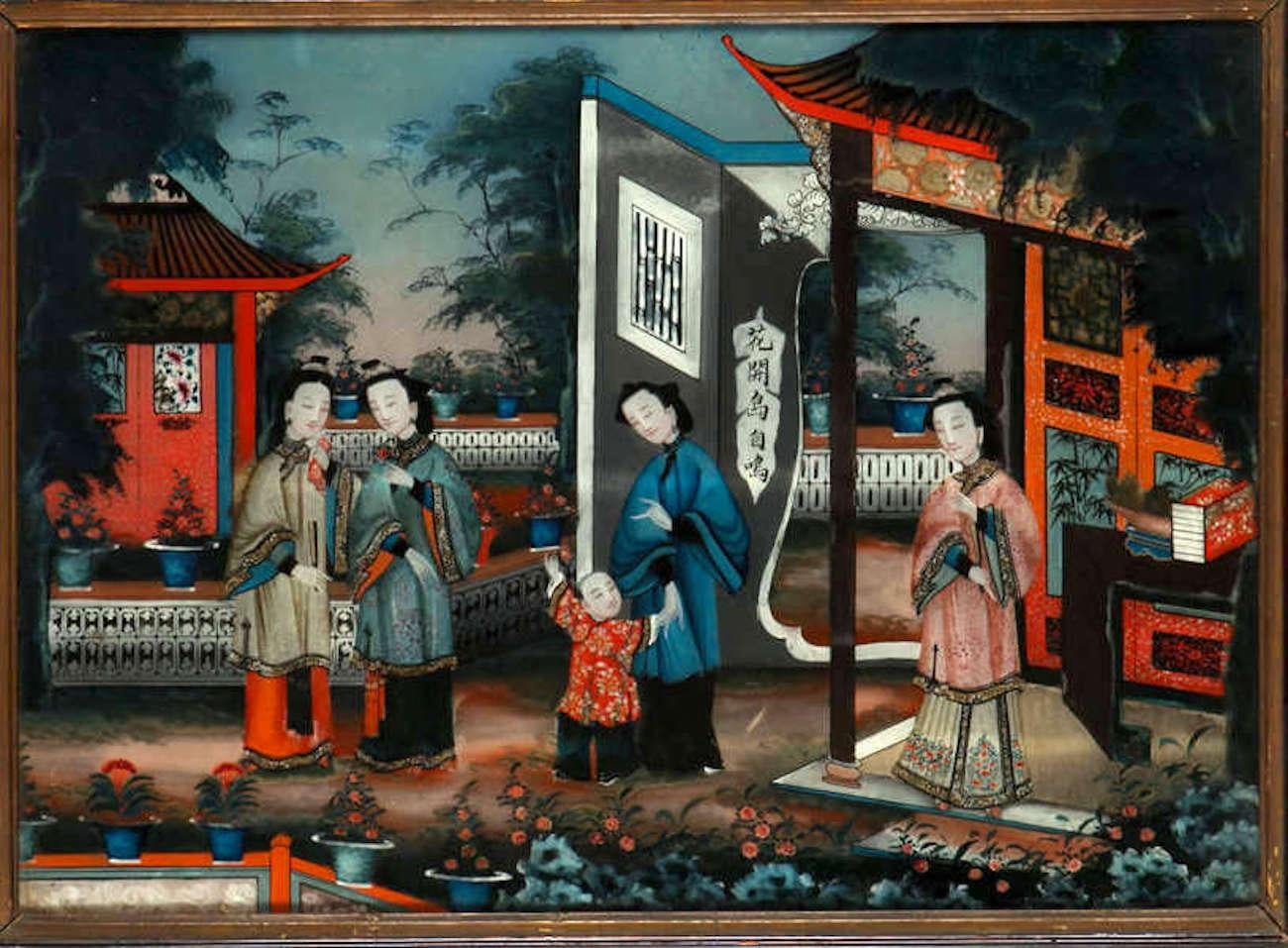 Pair of 19' century Chinese Reverse-Painted Mirror Pictures - Painting by Unknown