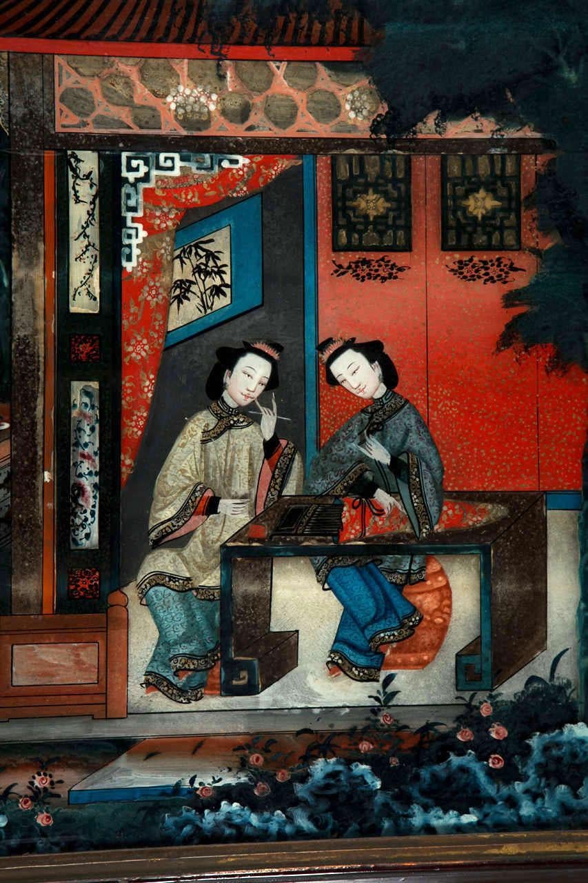 Pair of 19' century Chinese Reverse-Painted Mirror Pictures - Black Figurative Painting by Unknown