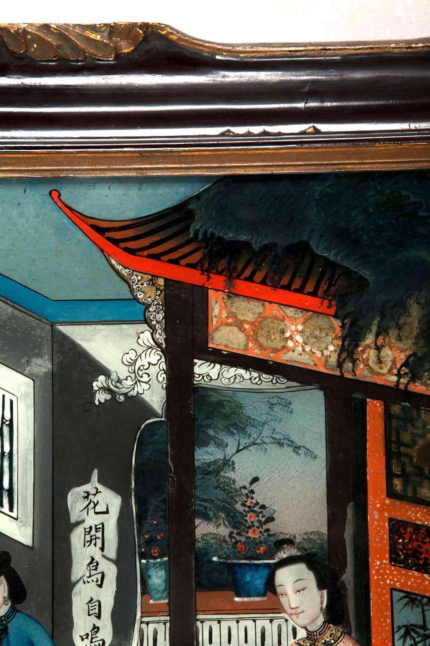 Pair of 19' century Chinese Reverse-Painted Mirror Pictures For Sale 3