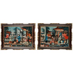 Antique Pair of 19' century Chinese Reverse-Painted Mirror Pictures