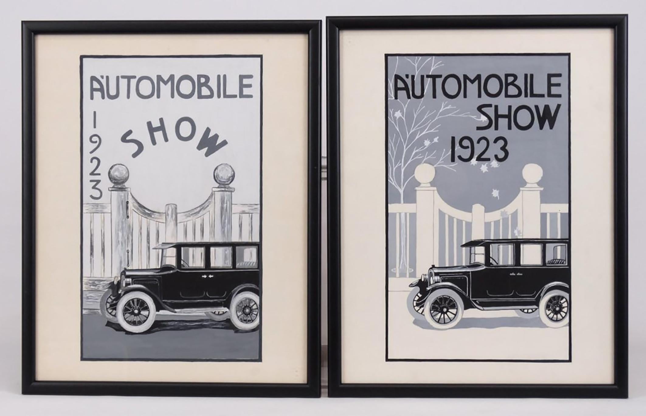 Unknown Figurative Painting - Pair of 1923 Automobile Show Original Illustrations