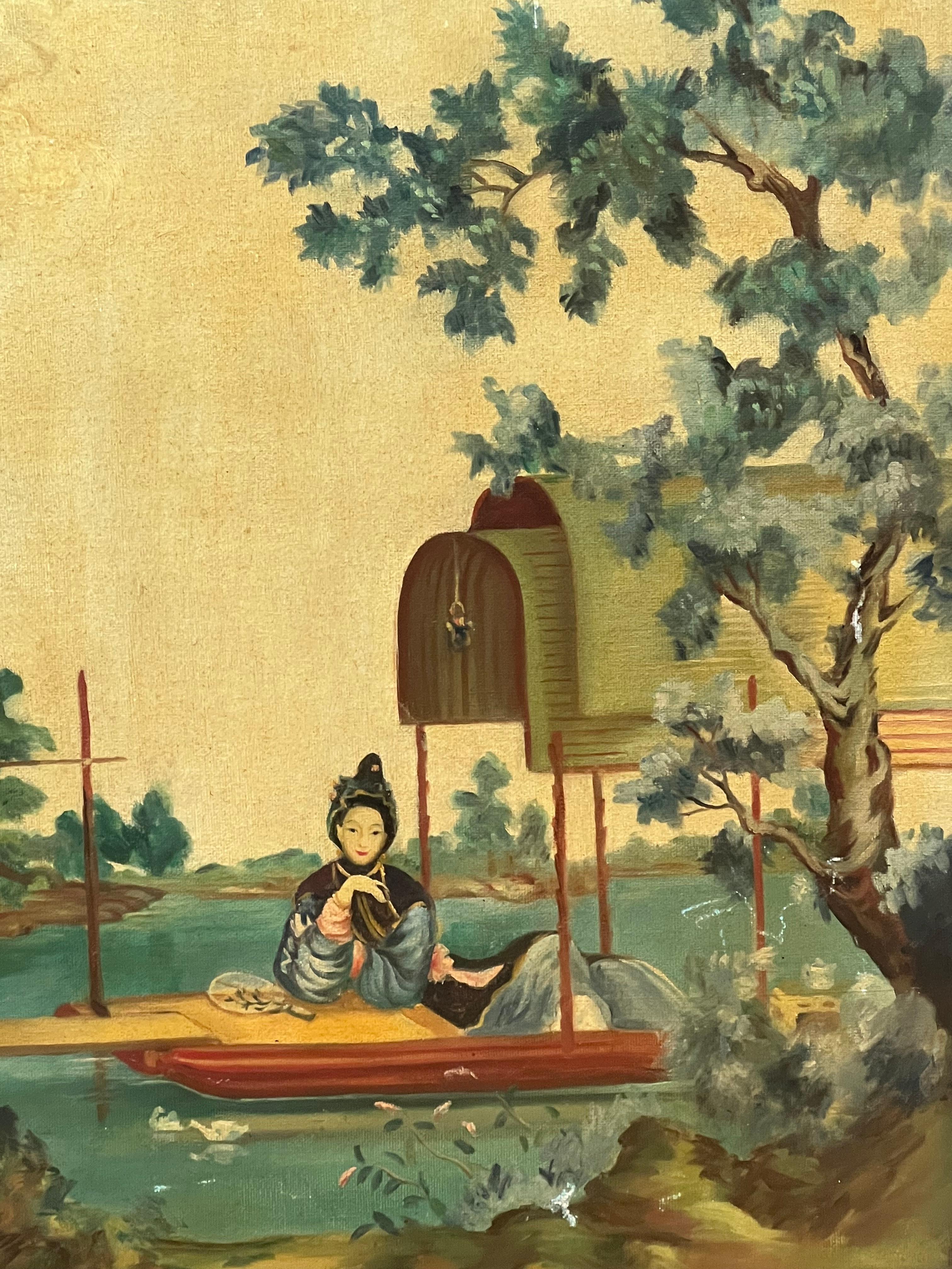 Dyptich Scene rurali della campagna cinese - Pittura ad olio - una coppia - Painting di Unknown