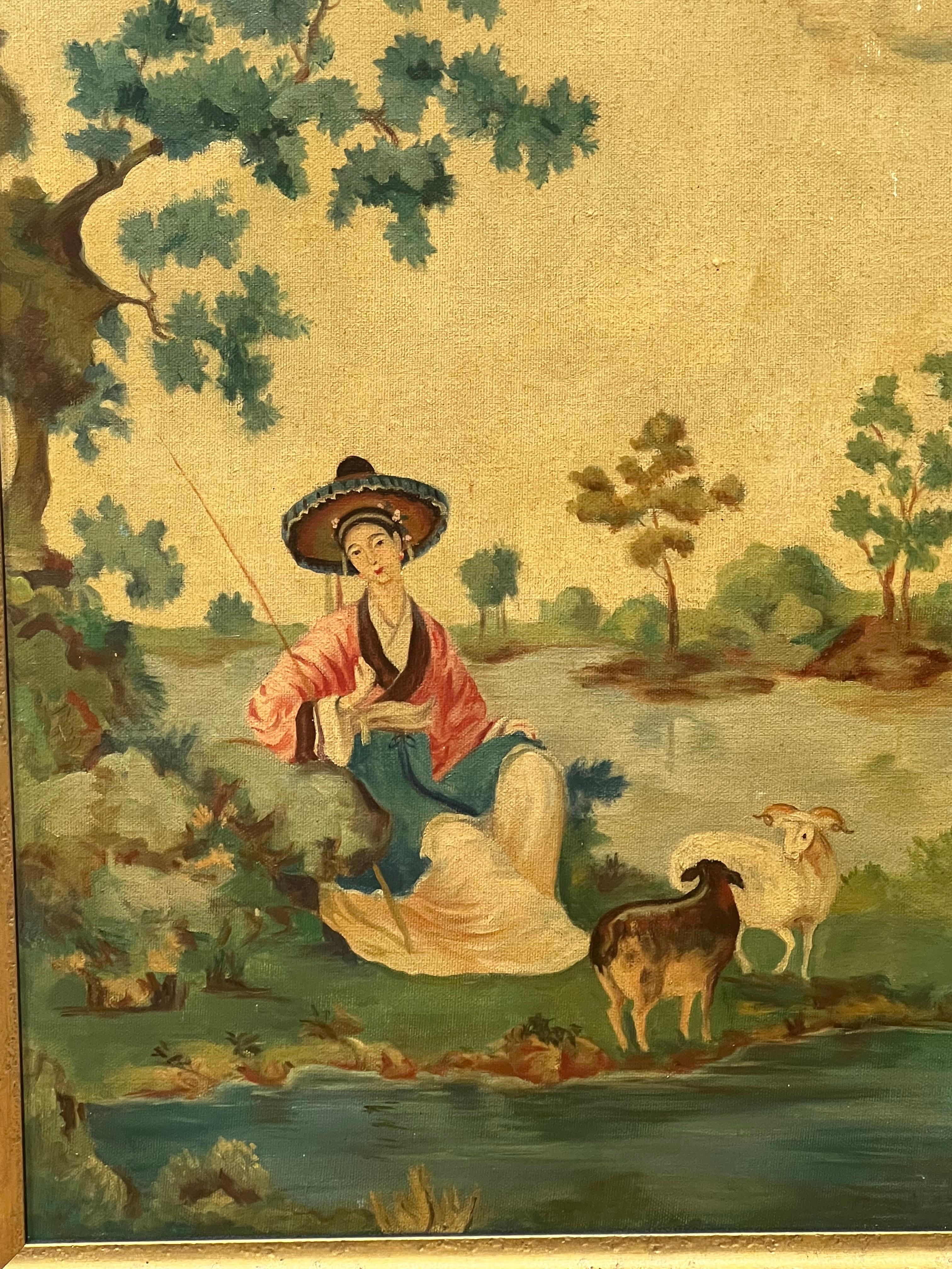 This peaceful pair of 19th Century paintings show two rural scenes from the Chinese countryside. One is a shepherd sitting by the river, while the other has the main character sitting on a small boat. Both share the same gentle and calm expression.