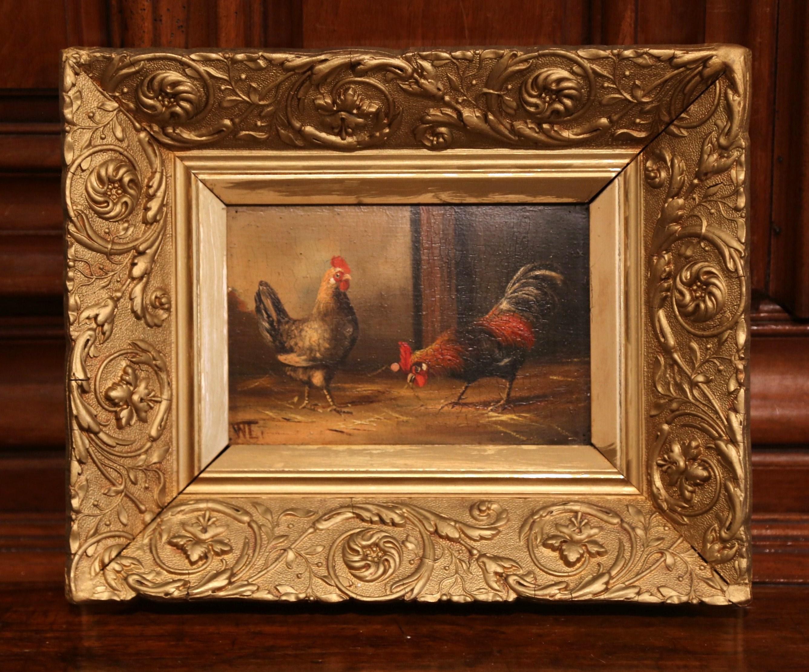 Pair of 19th Century French Oil Chicken Paintings on Board in Carved Frames  - Brown Animal Painting by Unknown