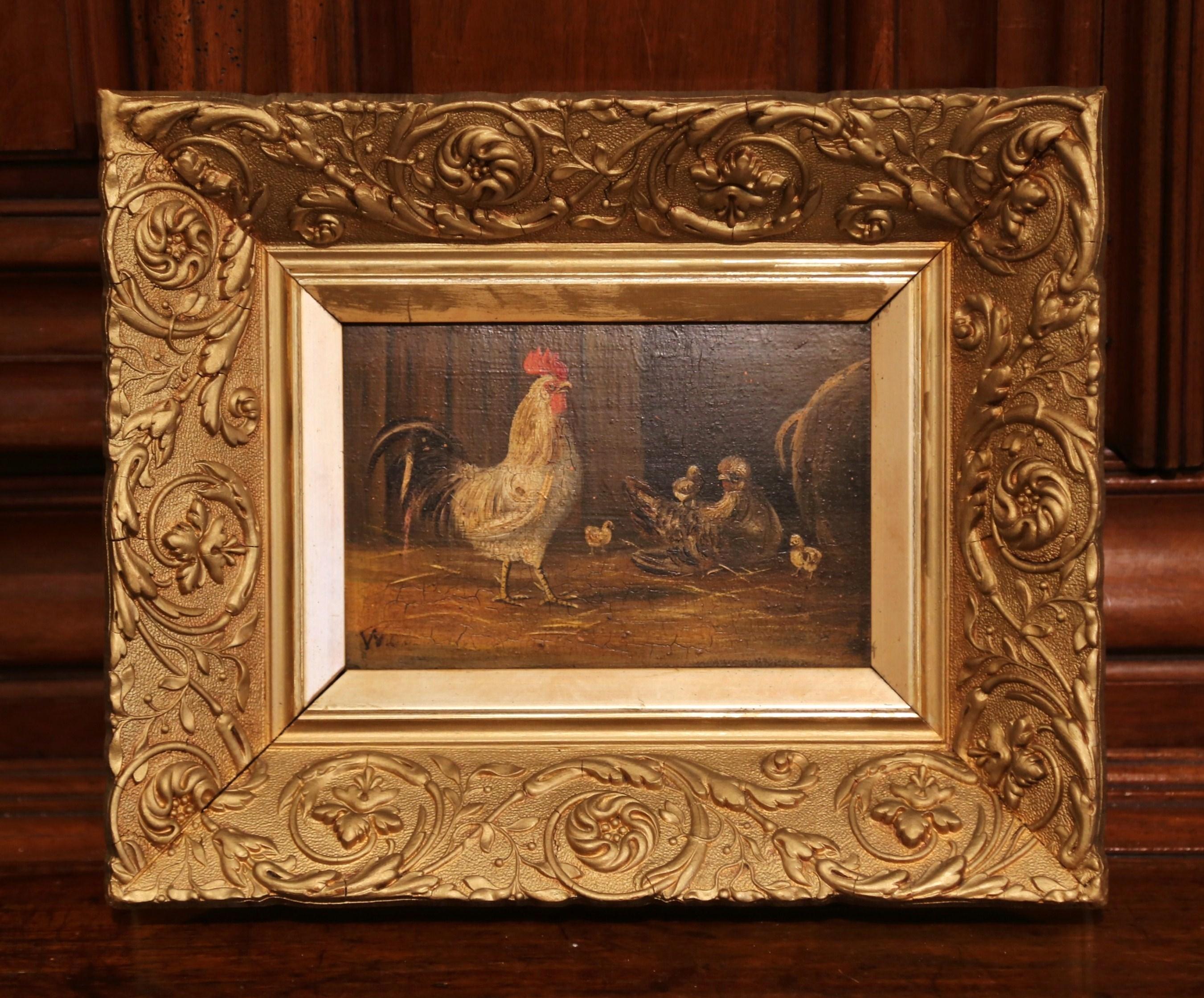 Add farmhouse flair to your home with this charming pair of antique chicken paintings from France. Painted on board circa 1880, each composition depicts a bucolic farm house scene with chicken and roosters feeding and drinking. Both of the rustic