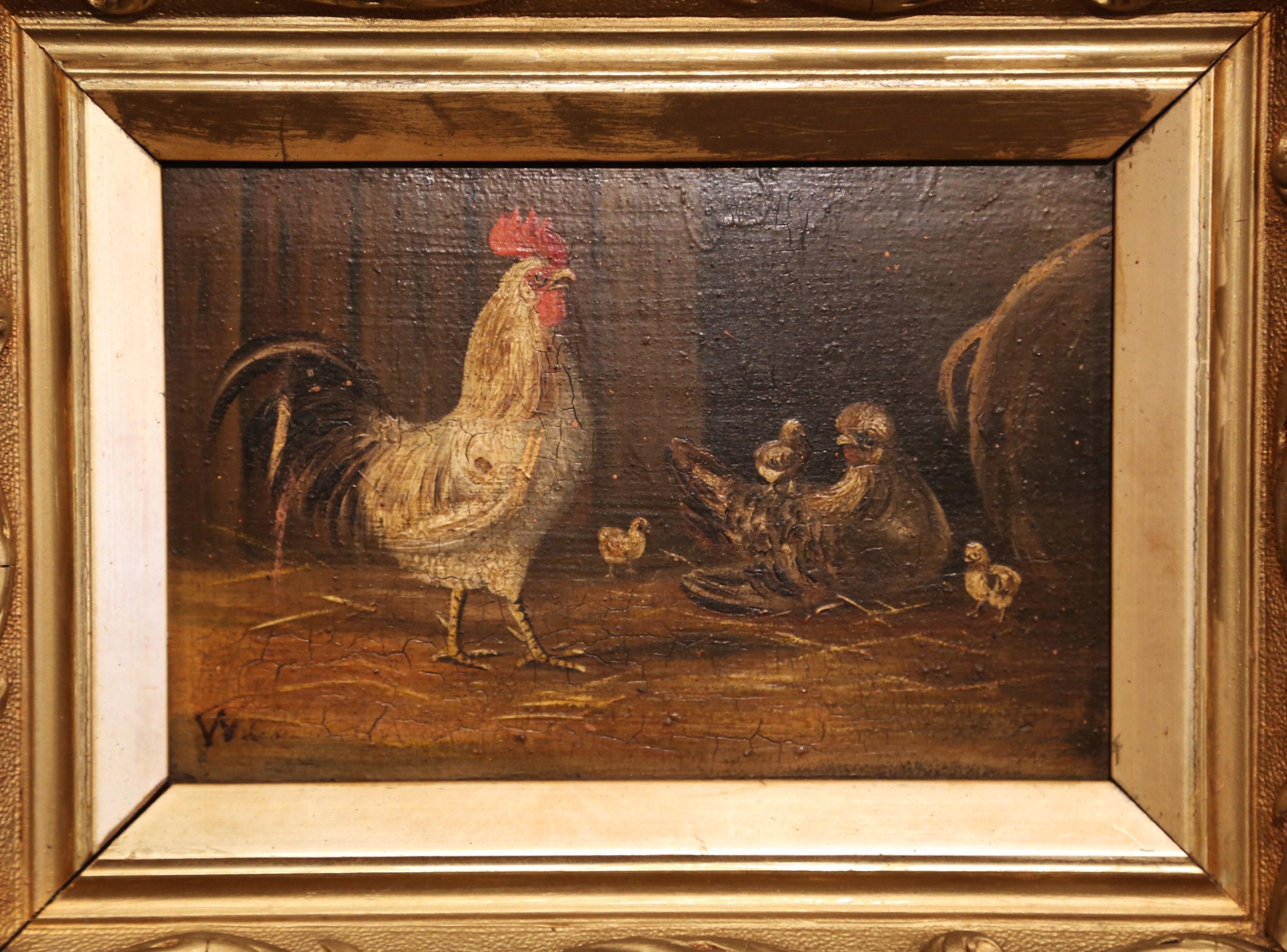 Pair of 19th Century French Oil Chicken Paintings on Board in Carved Frames  1