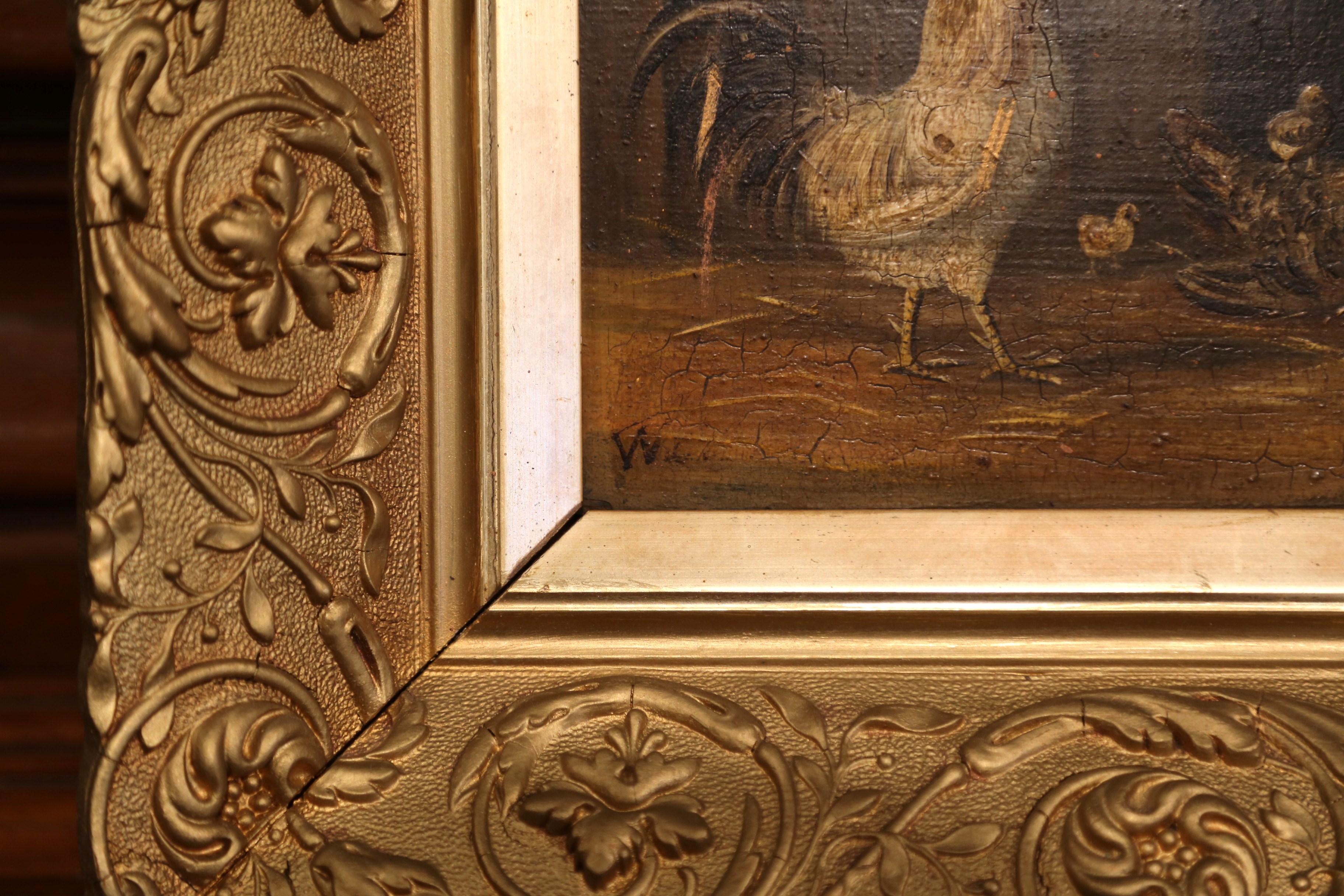 Pair of 19th Century French Oil Chicken Paintings on Board in Carved Frames  2