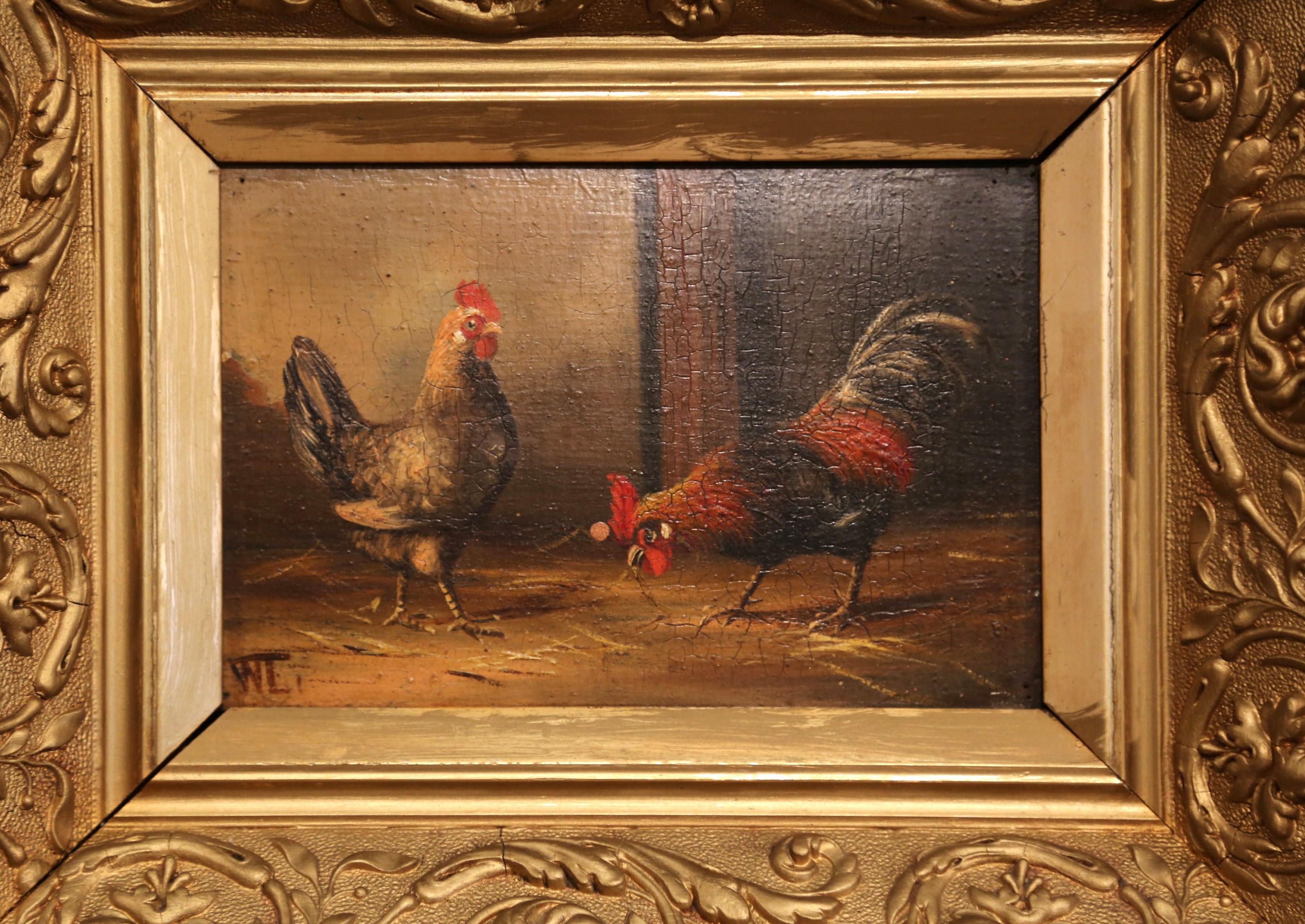 Pair of 19th Century French Oil Chicken Paintings on Board in Carved Frames  3