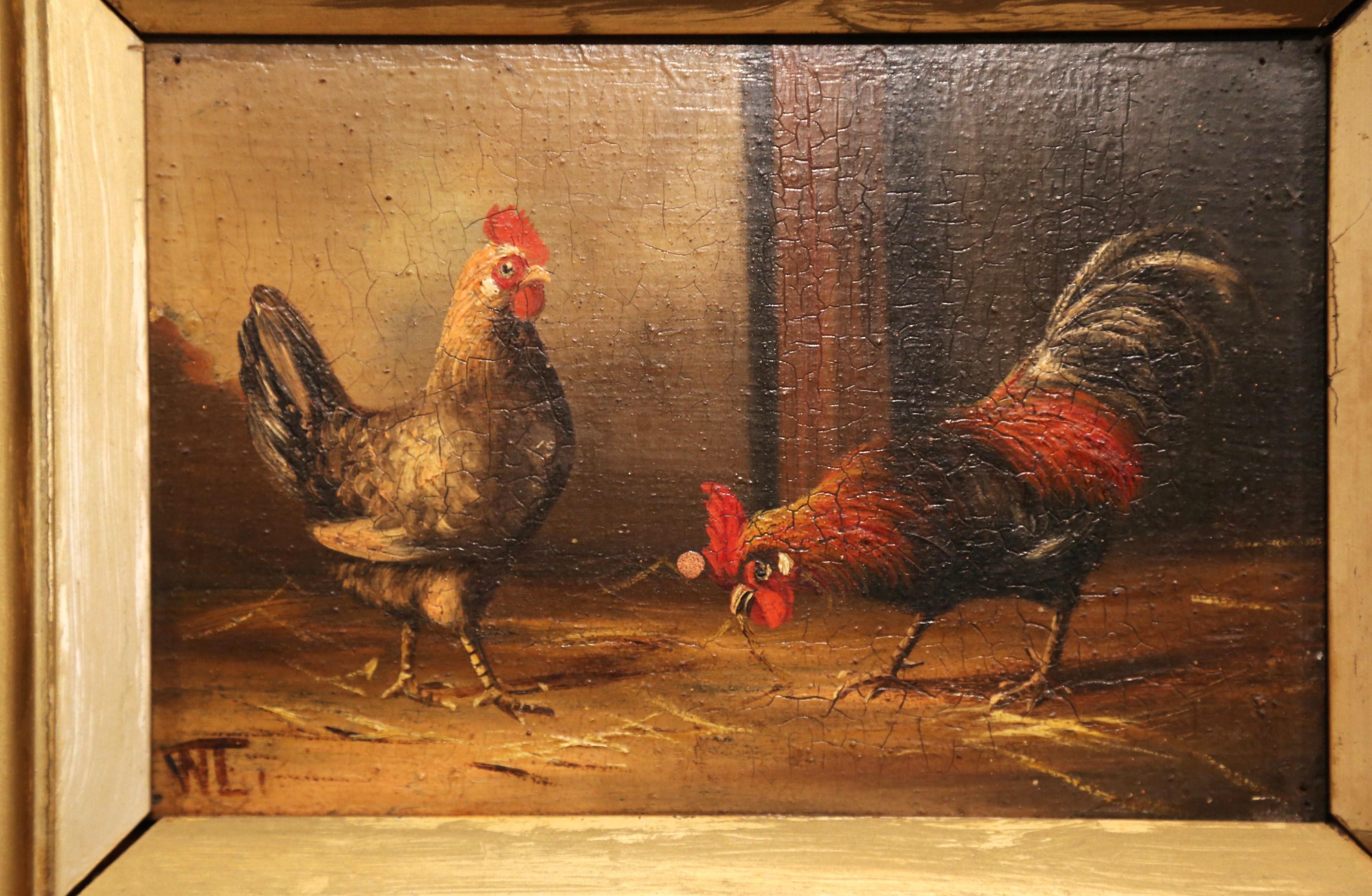Pair of 19th Century French Oil Chicken Paintings on Board in Carved Frames  4