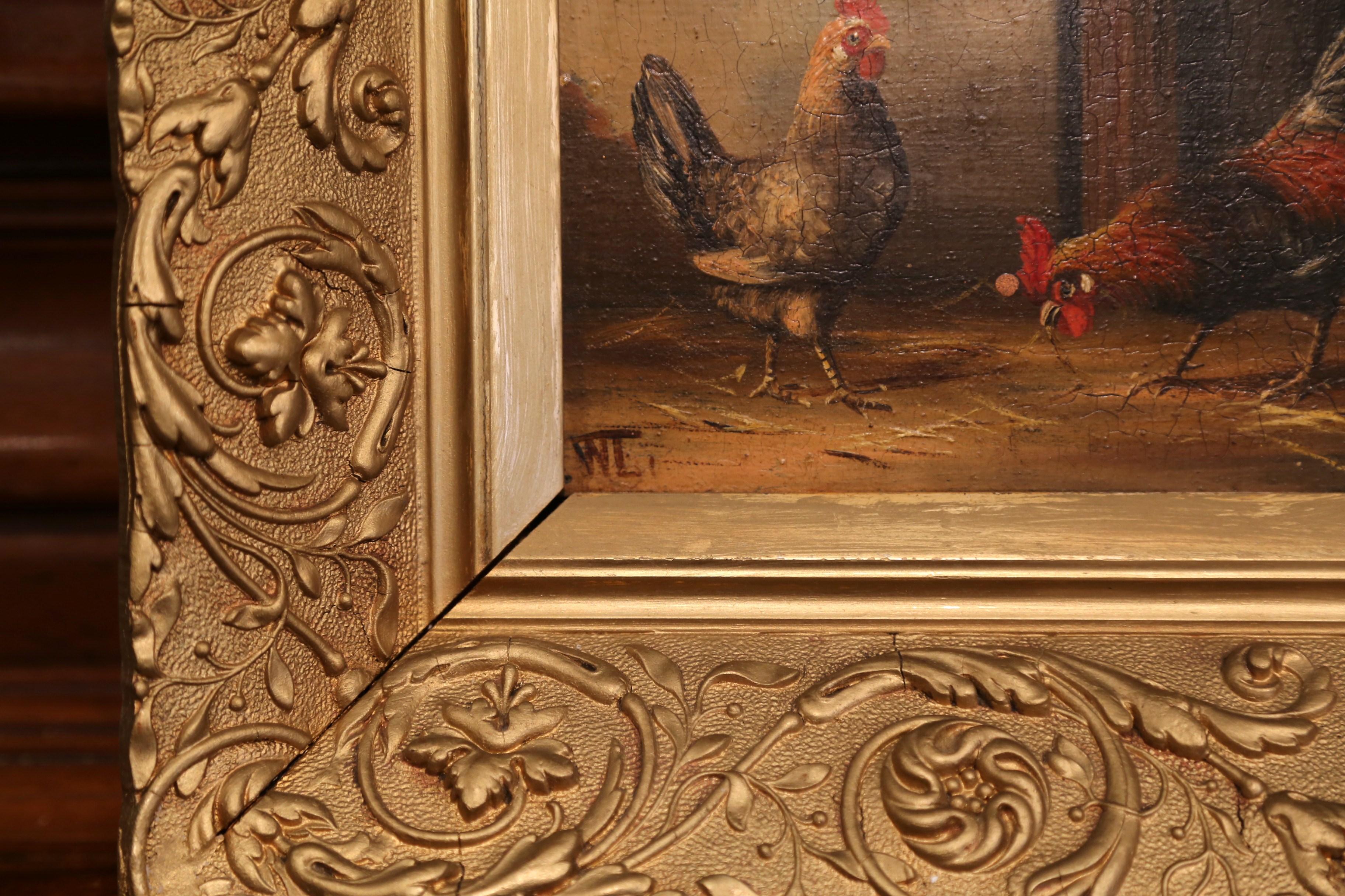 Pair of 19th Century French Oil Chicken Paintings on Board in Carved Frames  5