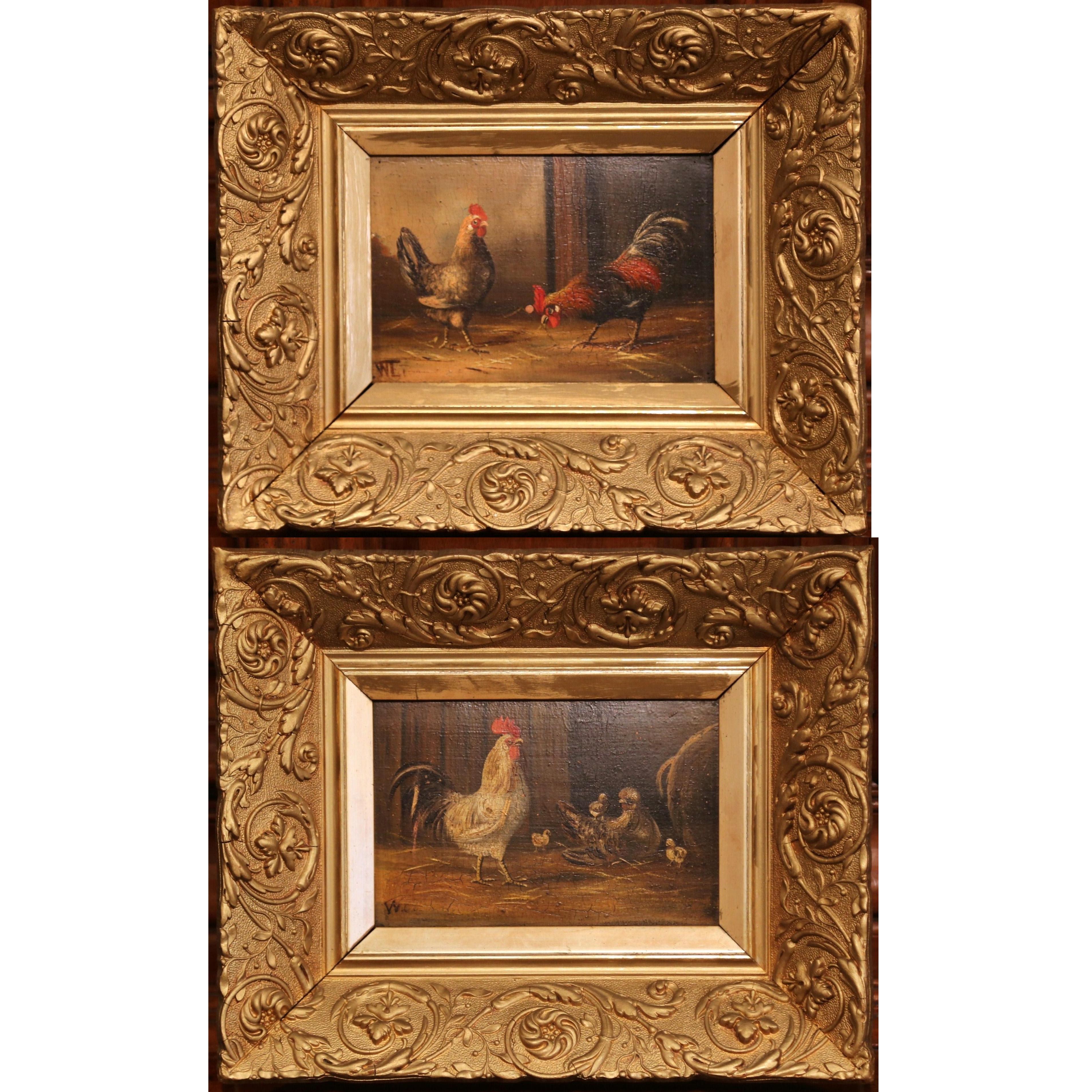 Unknown Animal Painting - Pair of 19th Century French Oil Chicken Paintings on Board in Carved Frames 