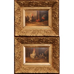 Pair of 19th Century French Oil Chicken Paintings on Board in Carved Frames