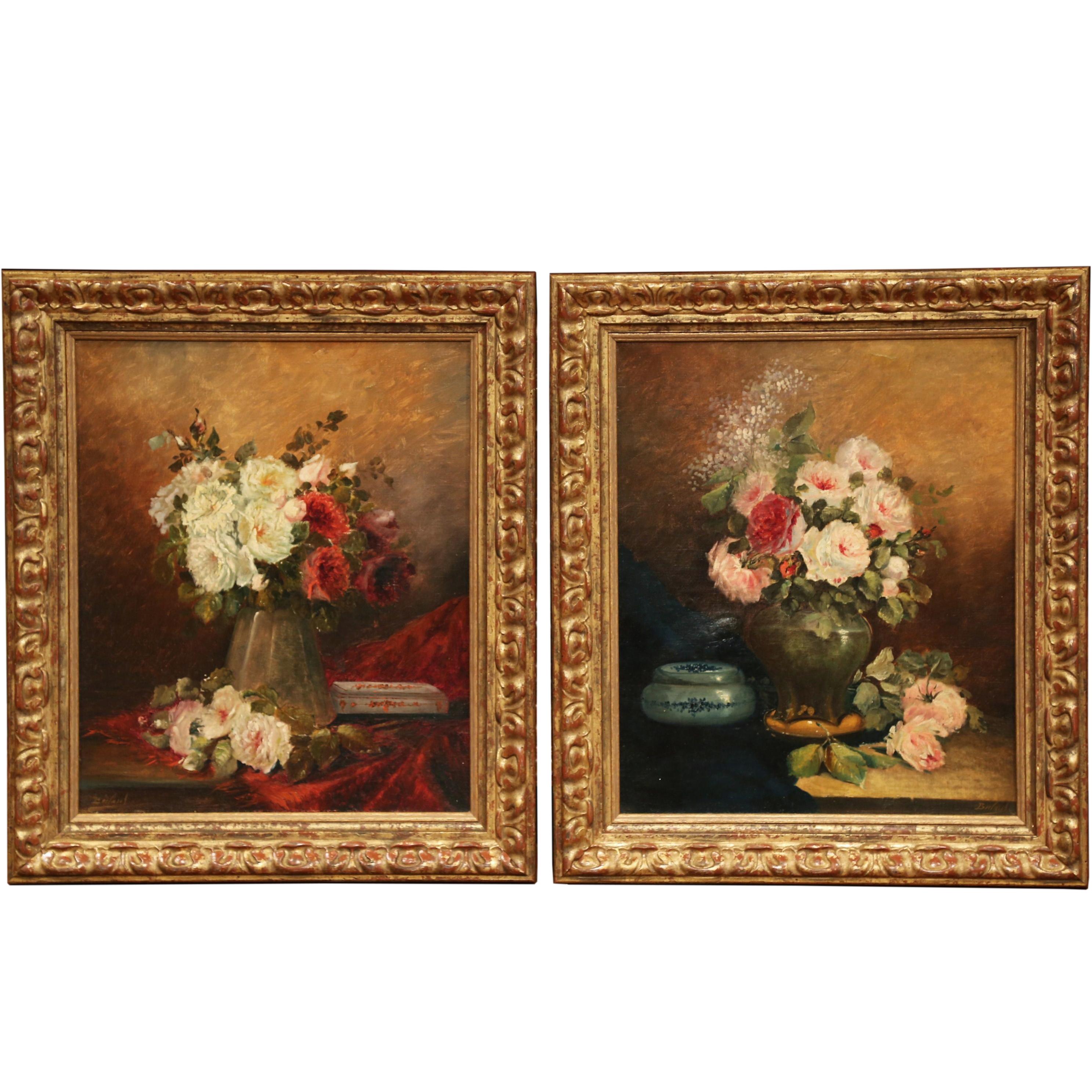 Unknown Still-Life Painting - Pair of 19th Century French Signed Still Life Flower Paintings in Gilt Frames 