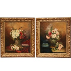 Pair of 19th Century French Signed Still Life Flower Paintings in Gilt Frames 