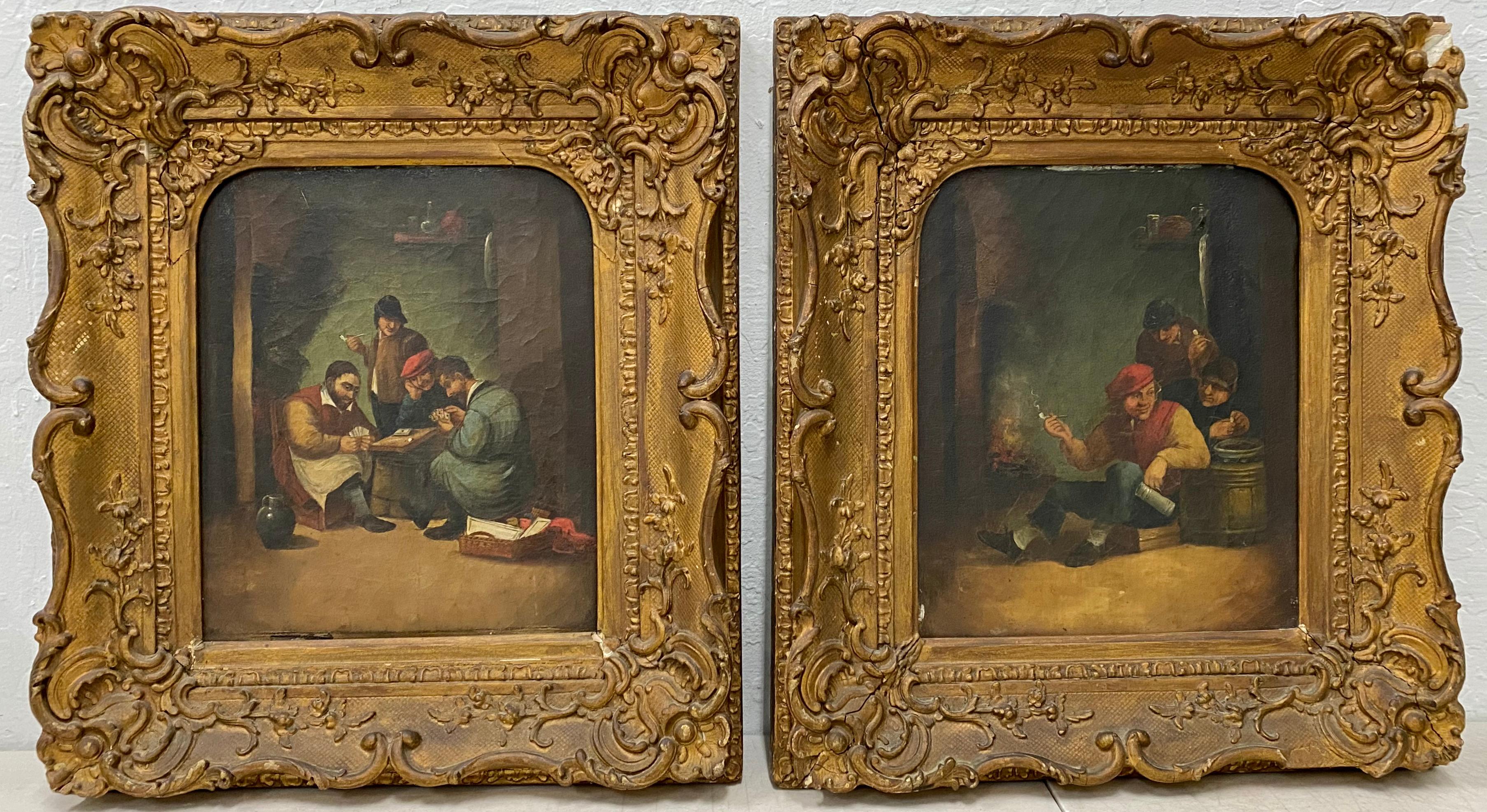 Pair of 16th to 17th Century "Gambling" Oil Paintings After Bruegel 