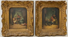 Antique Pair of 16th to 17th Century "Gambling" Oil Paintings After Bruegel 