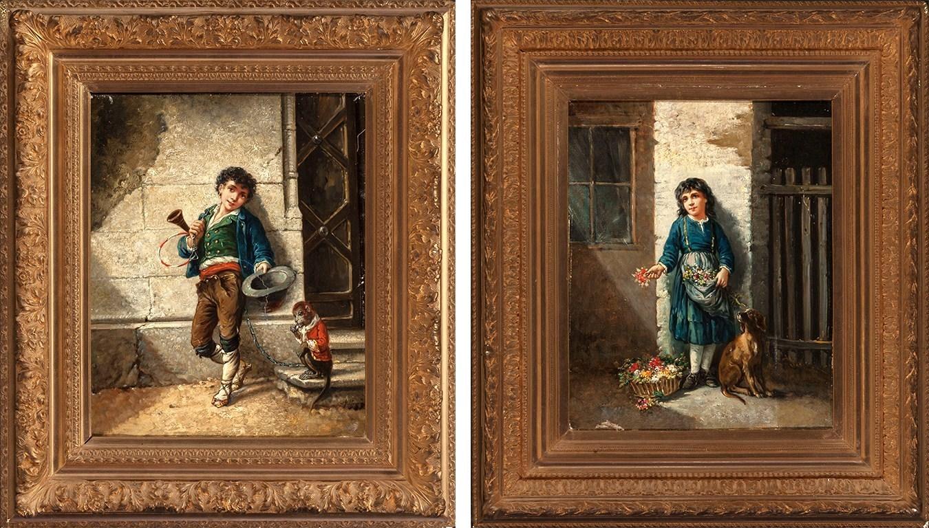 Unknown Figurative Painting - Pair of 19th Century Italian School Oil Paintings, Signed A. Leonard