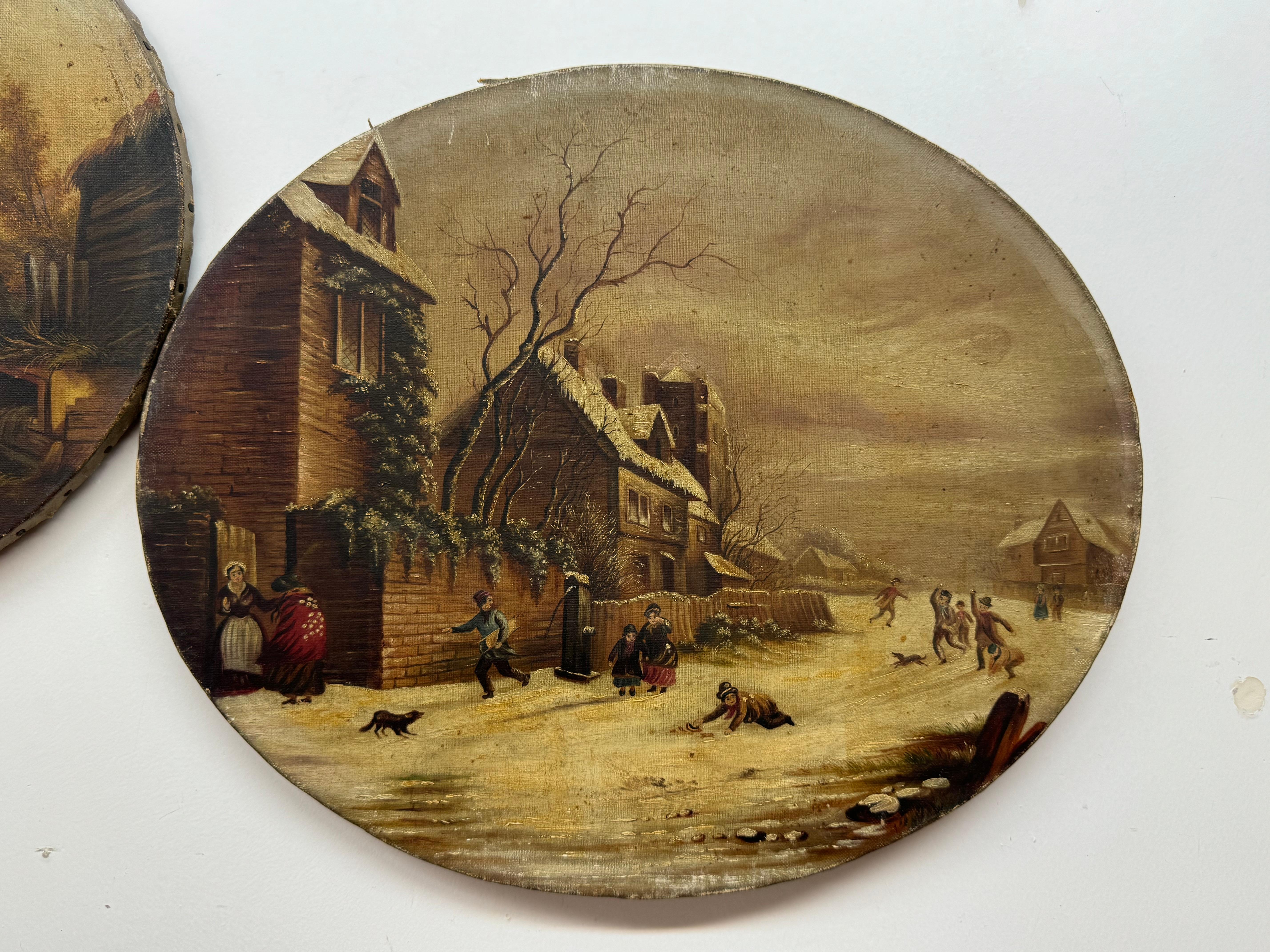 Pair of 19th Century Landscapes - Depicting Winter Scene and Depicting Children For Sale 1