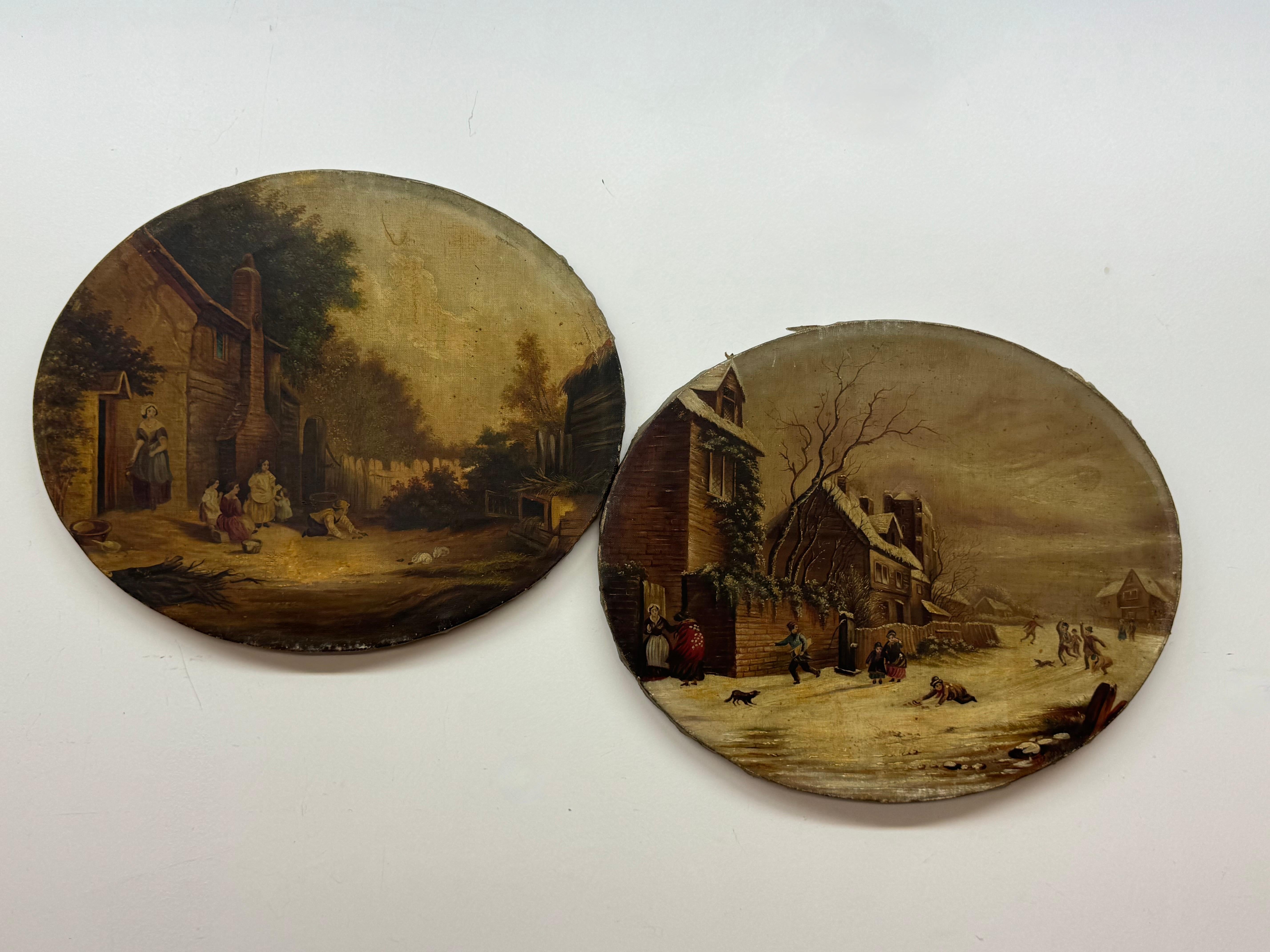 Paire de paysages du XIXe siècle - représentant une scène d'hiver et des enfants - Painting de Unknown