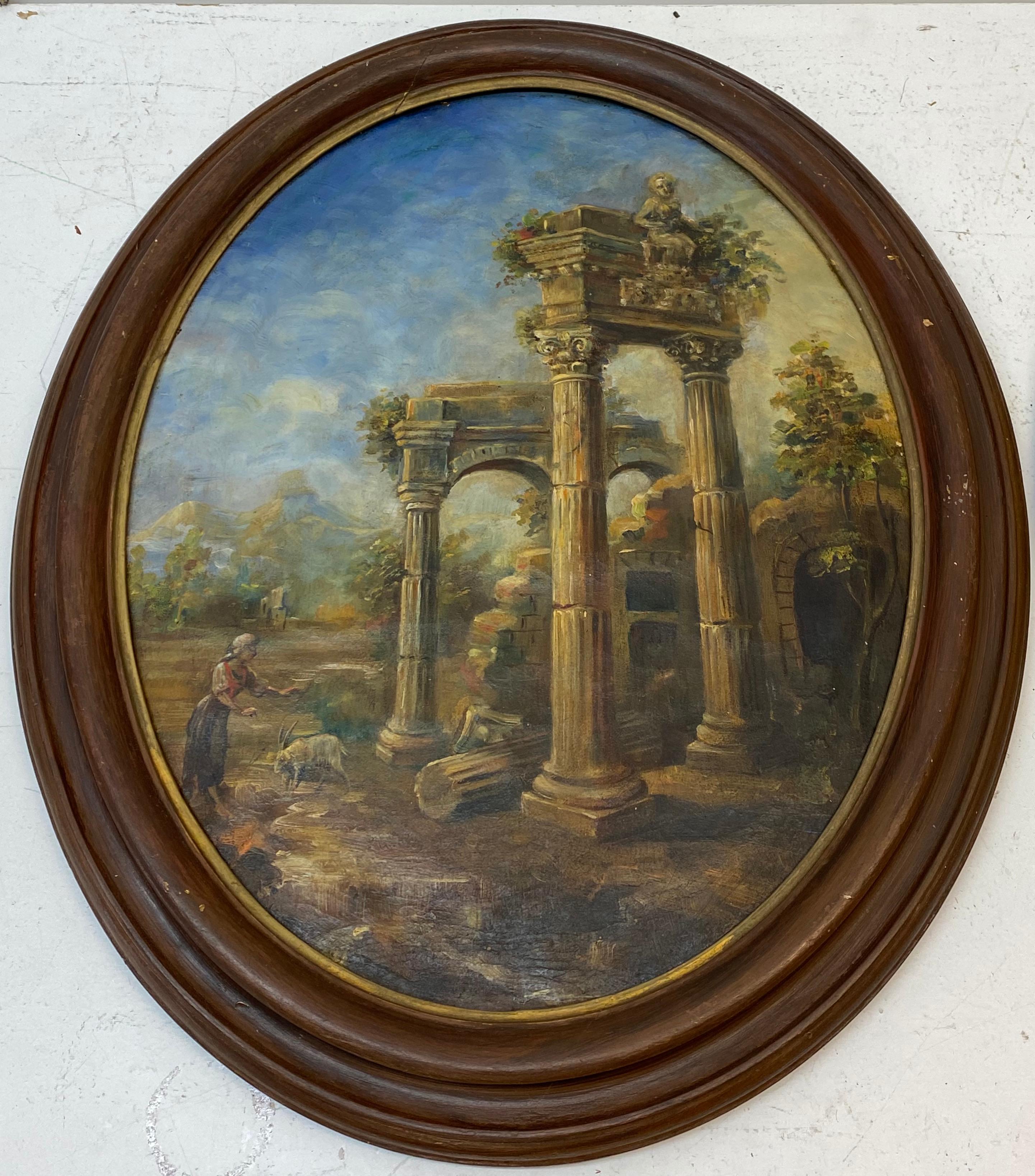 Paire de peintures à l'huile du 19ème siècle représentant un berger et une berger parmi des ruines anciennes - Painting de Unknown