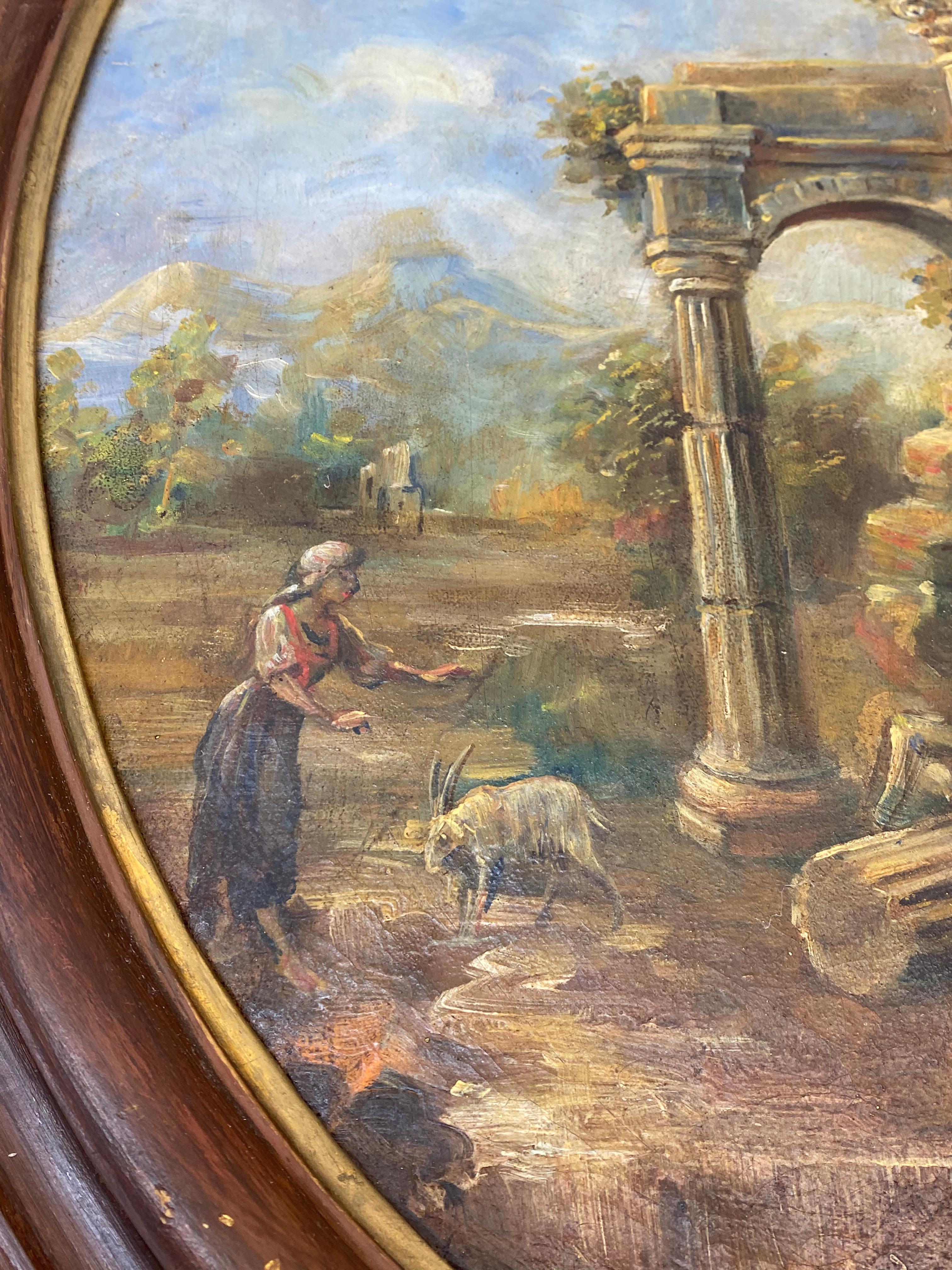 Paire de peintures à l'huile du 19ème siècle représentant un berger et une berger parmi des ruines anciennes - Marron Landscape Painting par Unknown