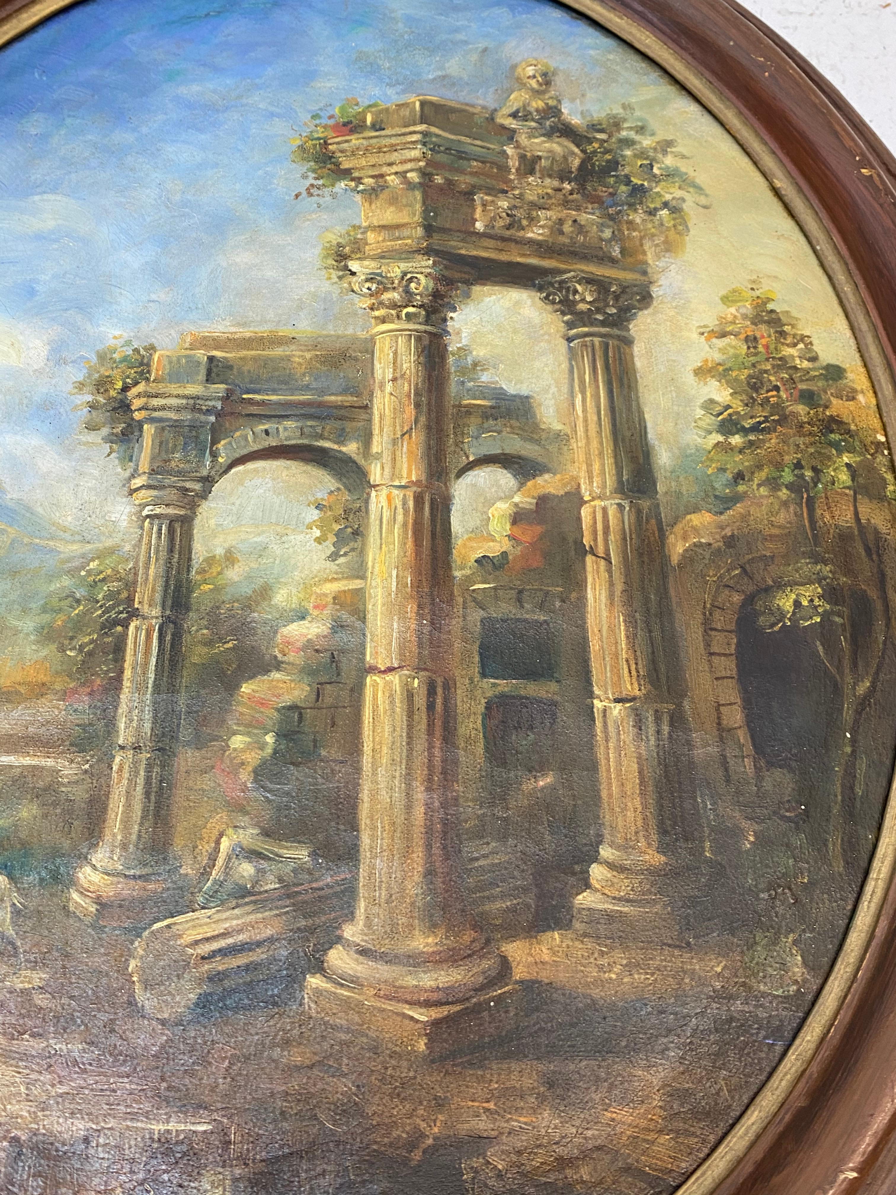 Paire de peintures à l'huile du 19ème siècle représentant un berger et une bergère parmi d'anciennes ruines

Huile originale sur toile ovale

Chaque tableau mesure 16,5