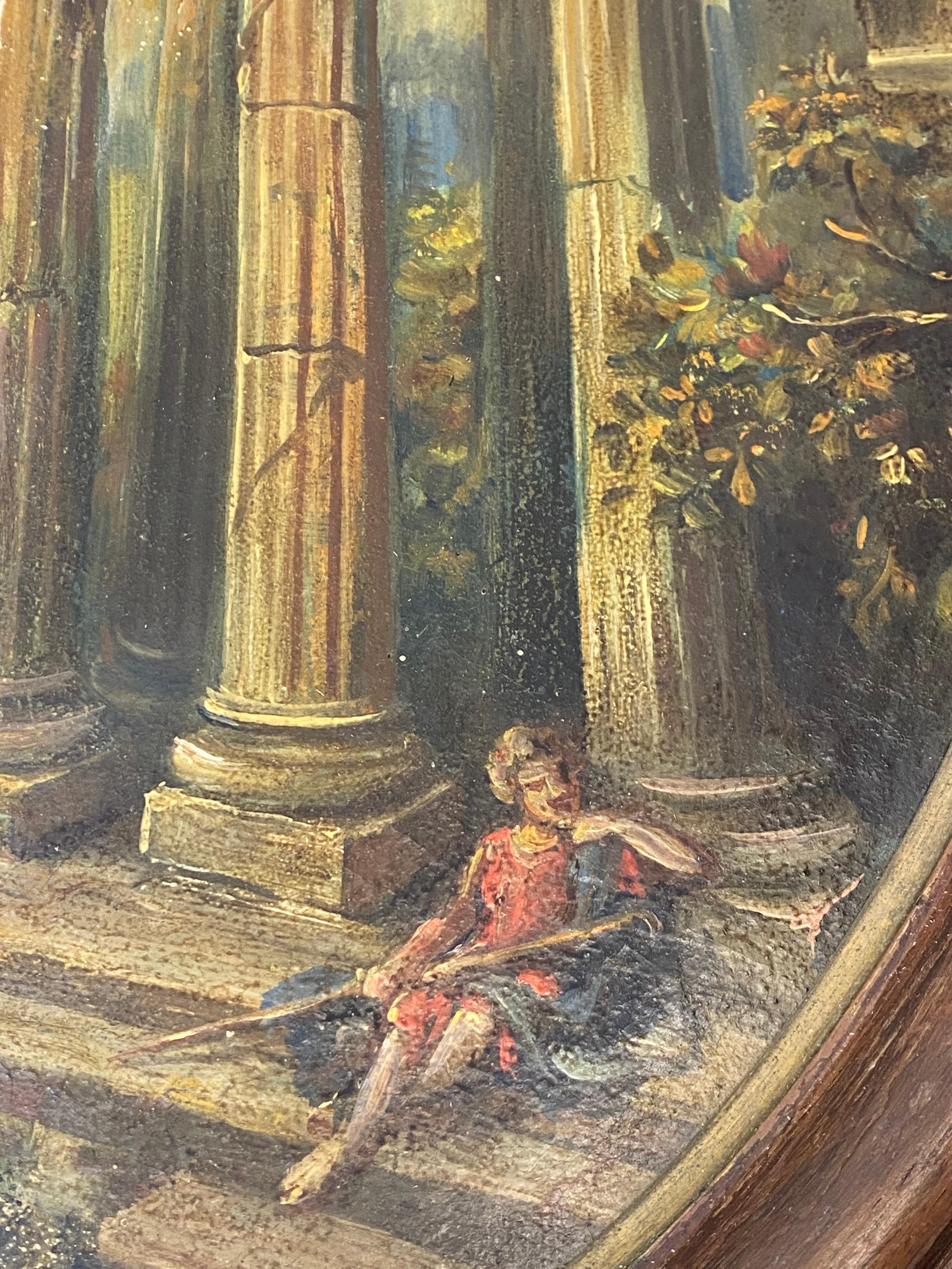 Paire de peintures à l'huile du 19ème siècle représentant un berger et une berger parmi des ruines anciennes en vente 1